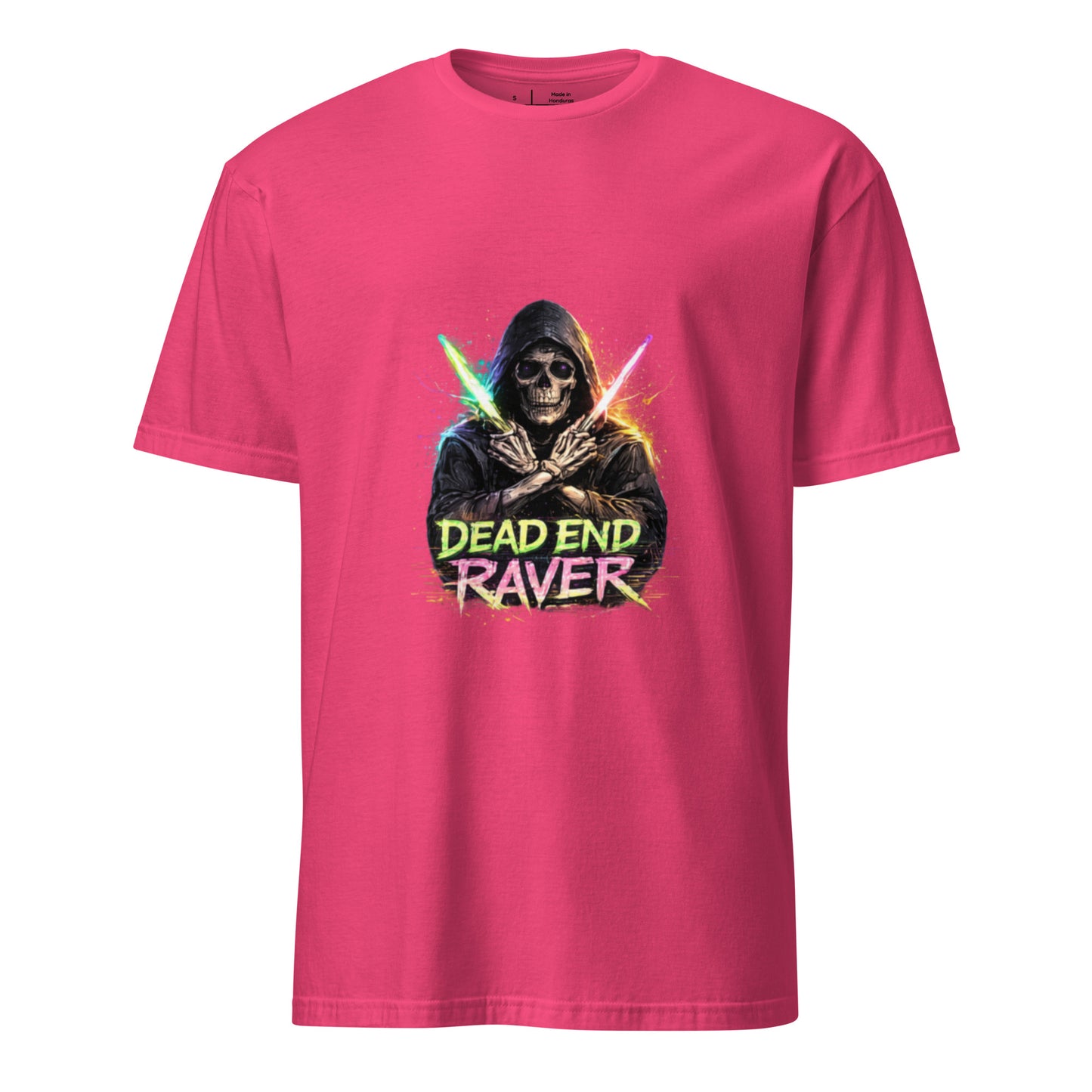 Dead End Raver – Neon Skull Rave - Short-Sleeve Unisex T-Shirt- Graphic Tee - Heliconia - Front