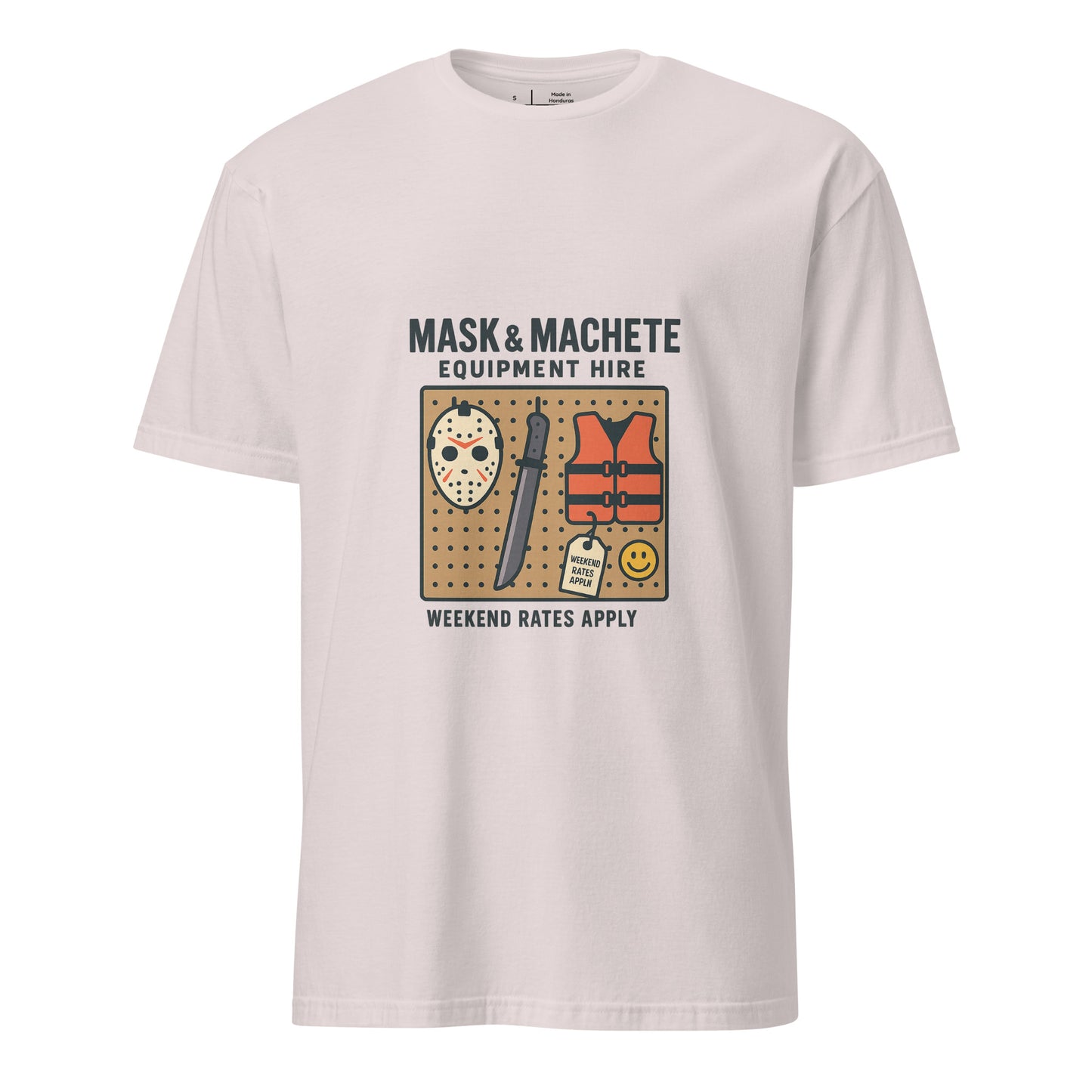 Mask & Machete Equipment Hire – For All Your Slasher Needs - Short-Sleeve Unisex T-Shirt - Graphic Tee - Ice Grey - Front