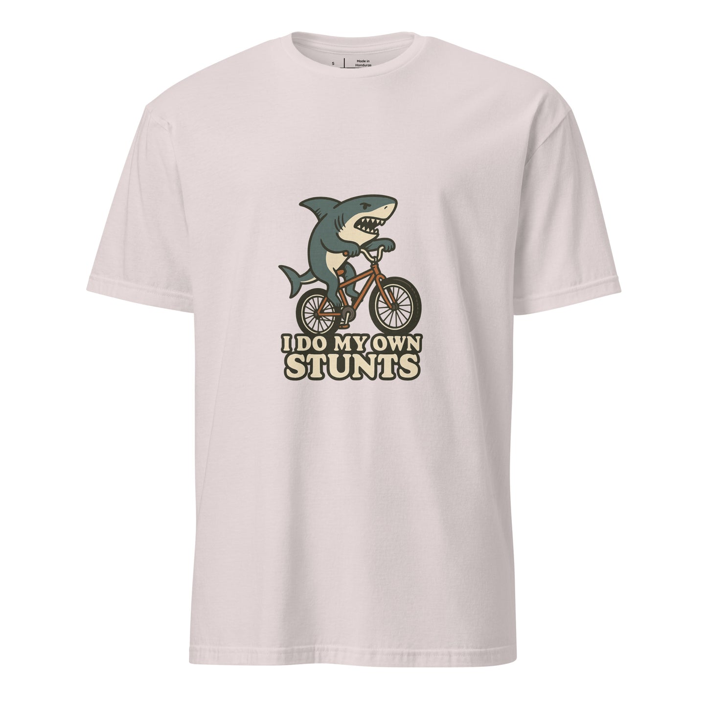 I Do My Own Stunts – Cartoon Shark BMX  - Short-Sleeve Unisex T-Shirt - Graphic Tee - Ice Grey - Front