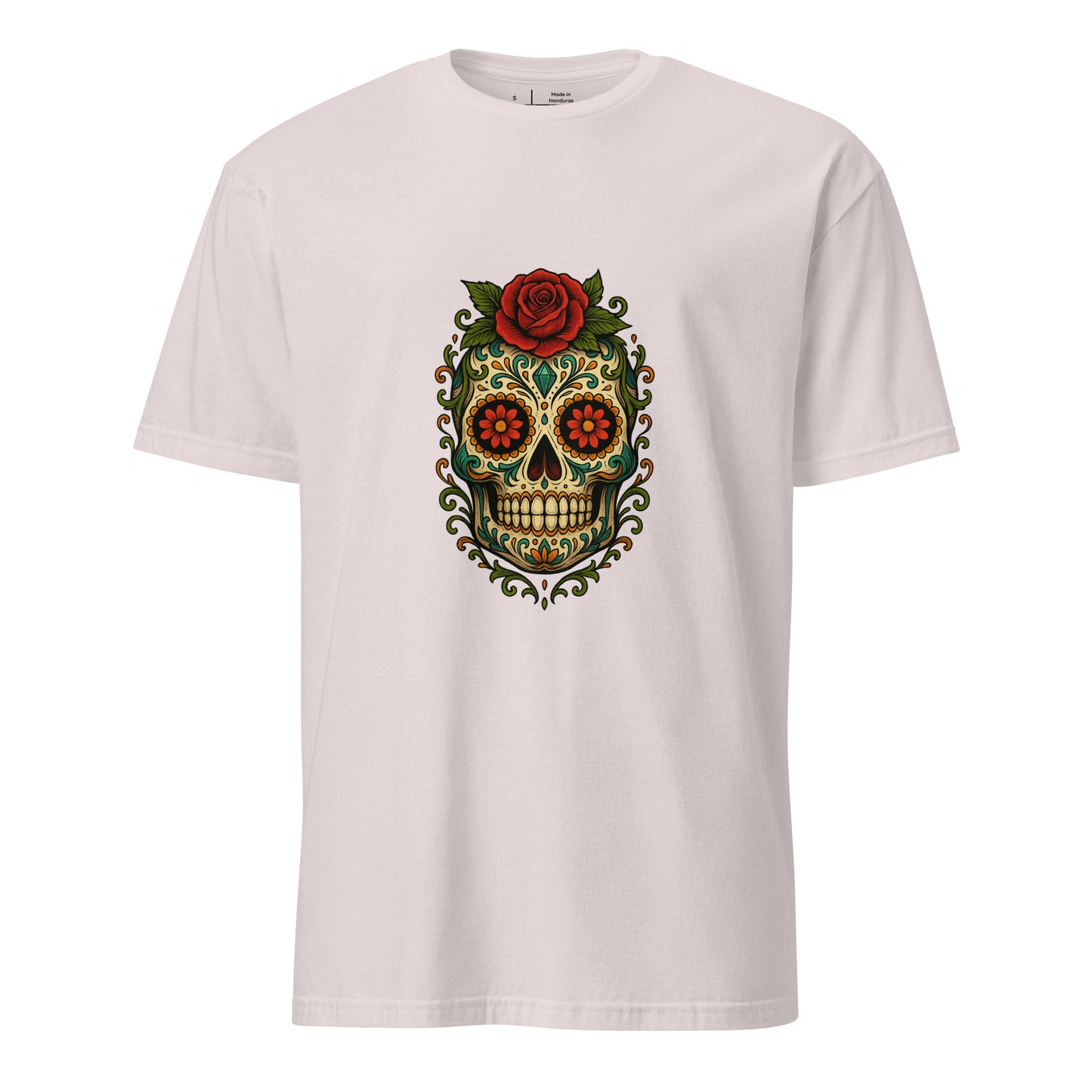 Day Of The Dead – Red Rose Skull Edition - Short-Sleeve Unisex T-Shirt - Graphic Tee - Ice Grey - Front