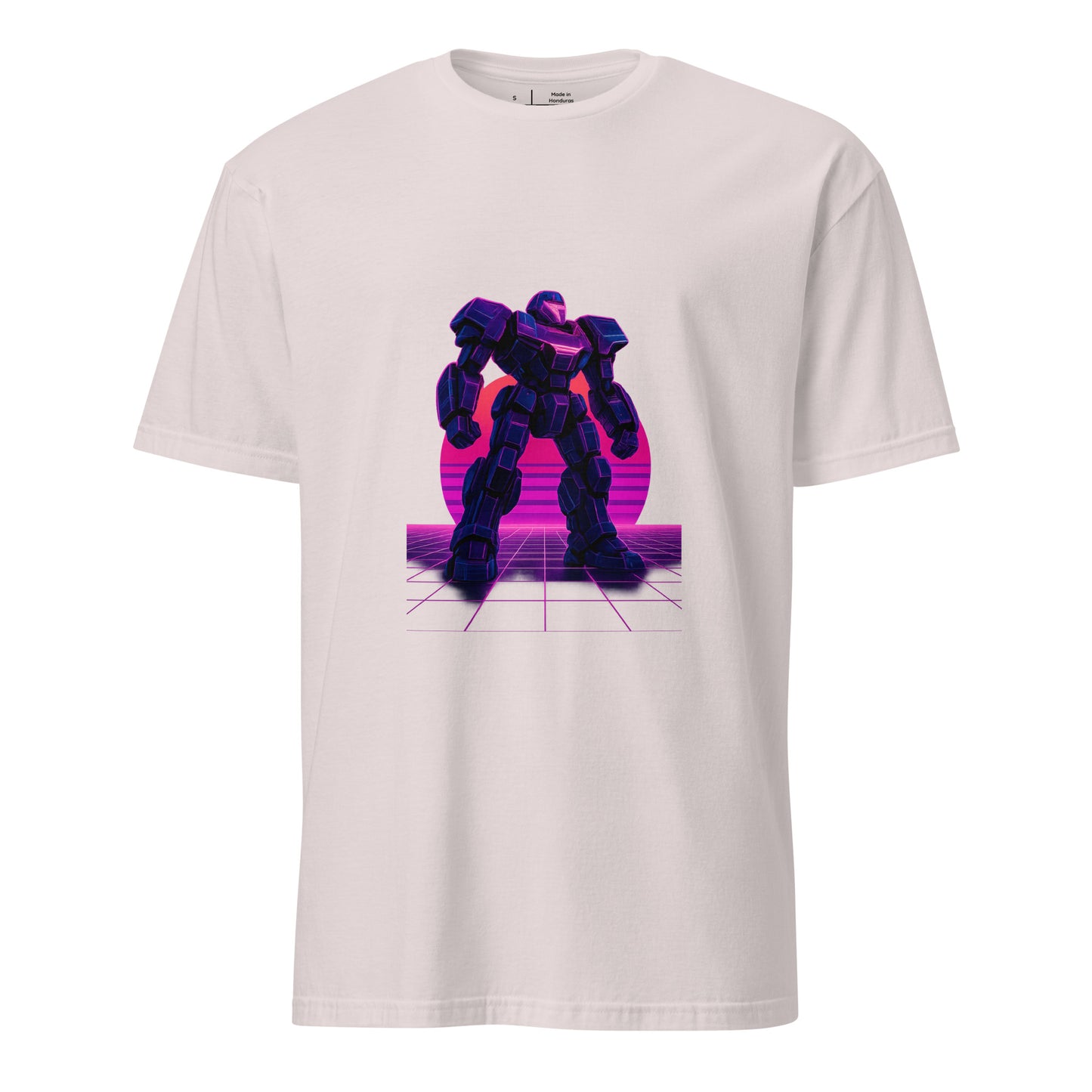 Synthwave Mech – Neon Titan - Short-Sleeve Unisex T-Shirt - Graphic Tee - Ice Grey - Front