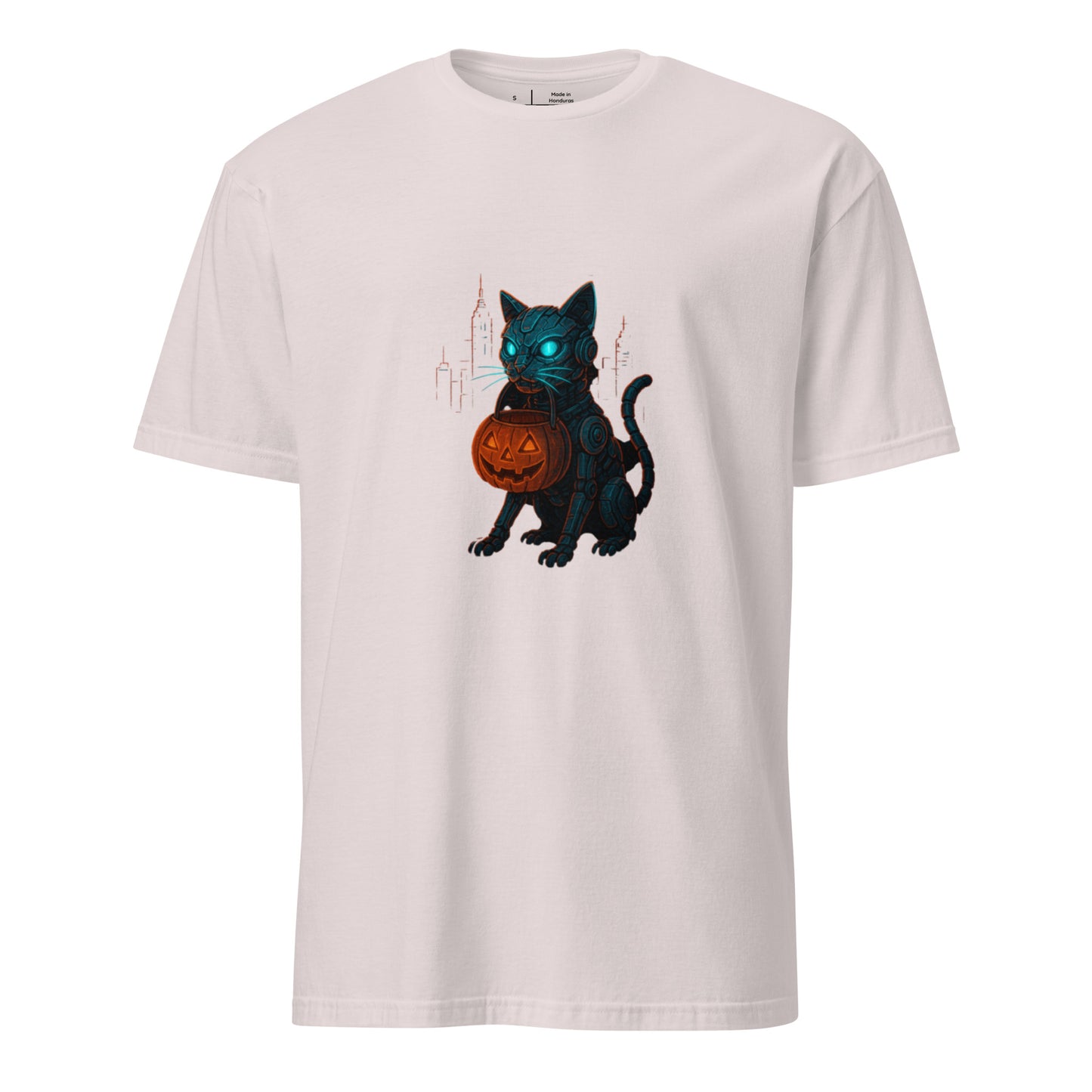 Trick-or-Treat Cyborg Cat – Cyberpunk Halloween Glow - Short-Sleeve Unisex T-Shirt - Graphic Tee - Ice Grey - Front