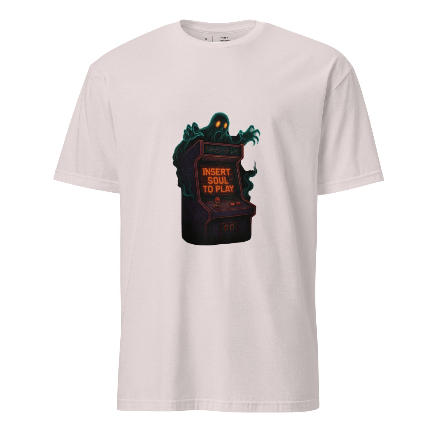 Haunted Neon Arcade Machine – “Insert Soul to Play” Retro Horror - Short-Sleeve Unisex T-Shirt - Graphic Tee - Ice Grey - Front
