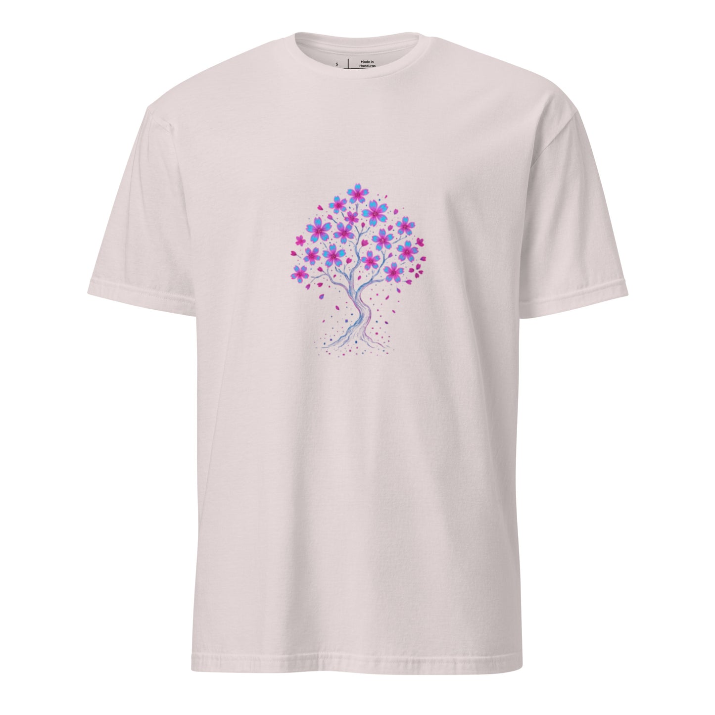 Digital Sakura Blossom – Holographic Harmony - Short-Sleeve Unisex T-Shirt - Graphic Tee - Ice Grey - Front