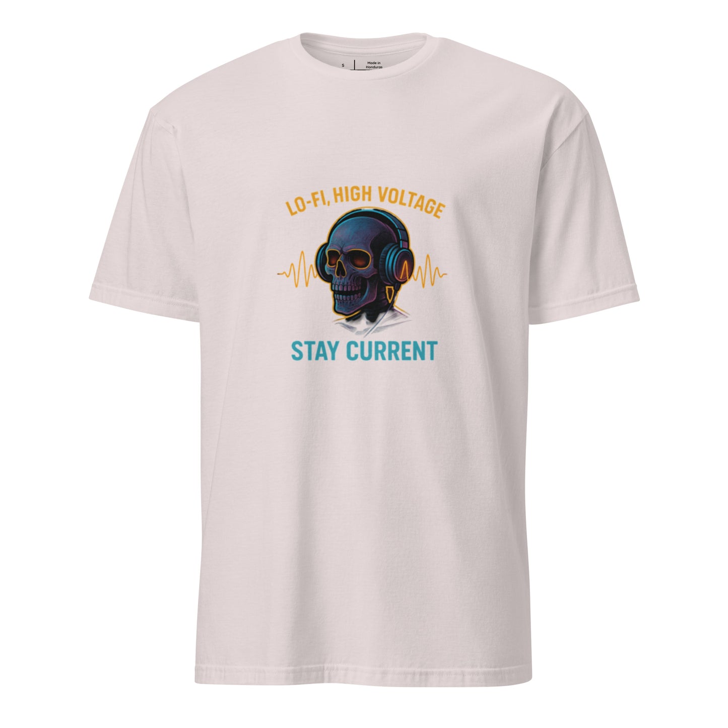 Lo-Fi, High Voltage – Cyberpunk Skull Music - Short-Sleeve Unisex T-Shirt - Graphic Tee - Ice Grey - Front