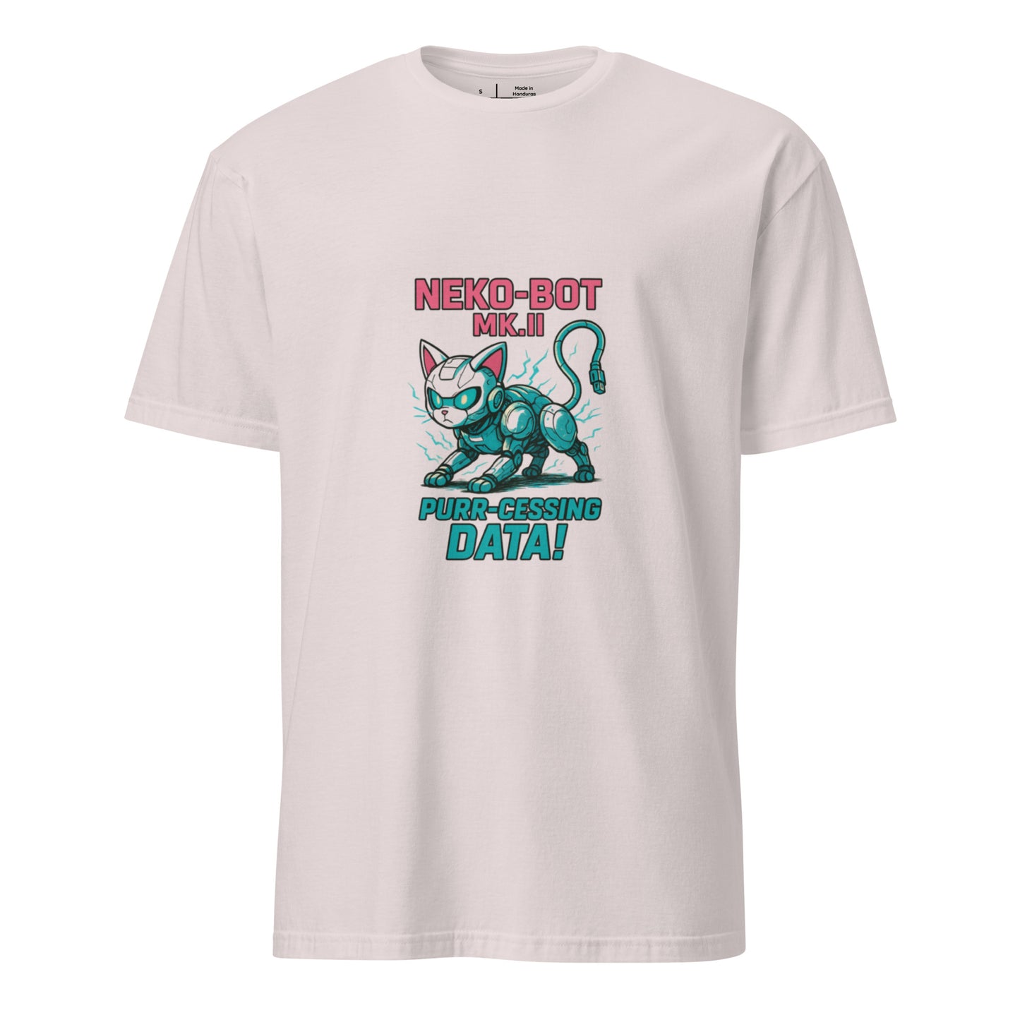 Neko-Bot Mk. II – “Purr-cessing Data…” - Short-Sleeve Unisex T-Shirt - Graphic Tee - Ice Grey - Front