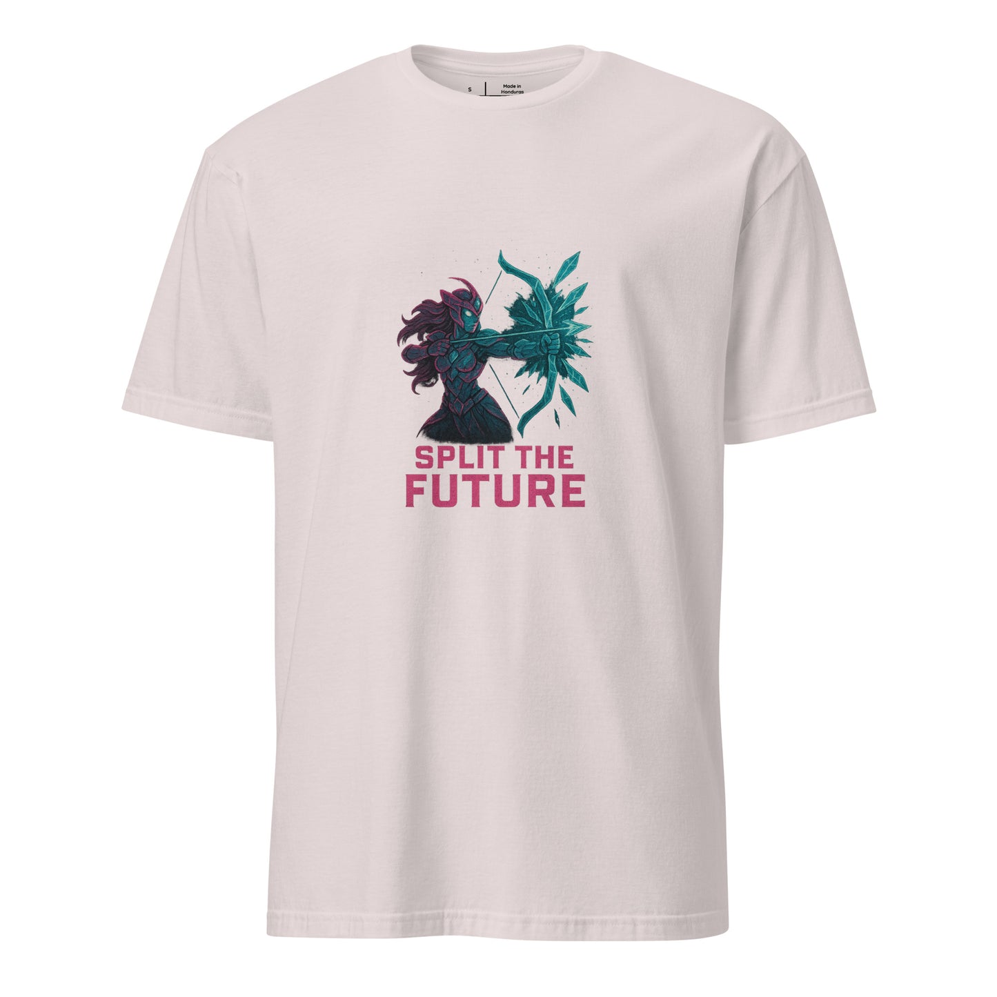 Quantum Prism Huntress – “Split the Future.” - Short-Sleeve Unisex T-Shirt - Graphic Tee - Ice Grey - Front