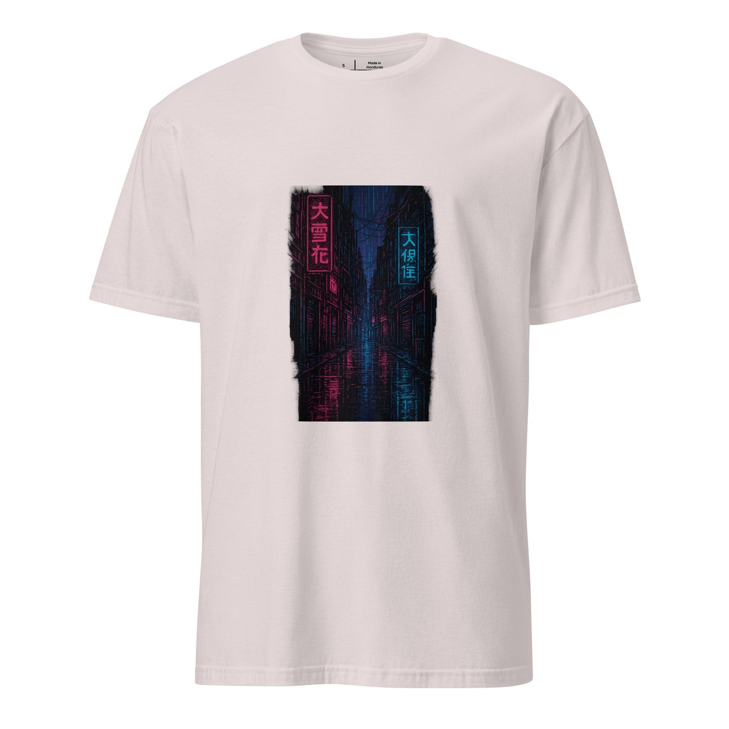Neon Rain Alley – Cyberpunk Street Art - Short-Sleeve Unisex T-Shirt - Graphic Tee - Ice Grey - Front
