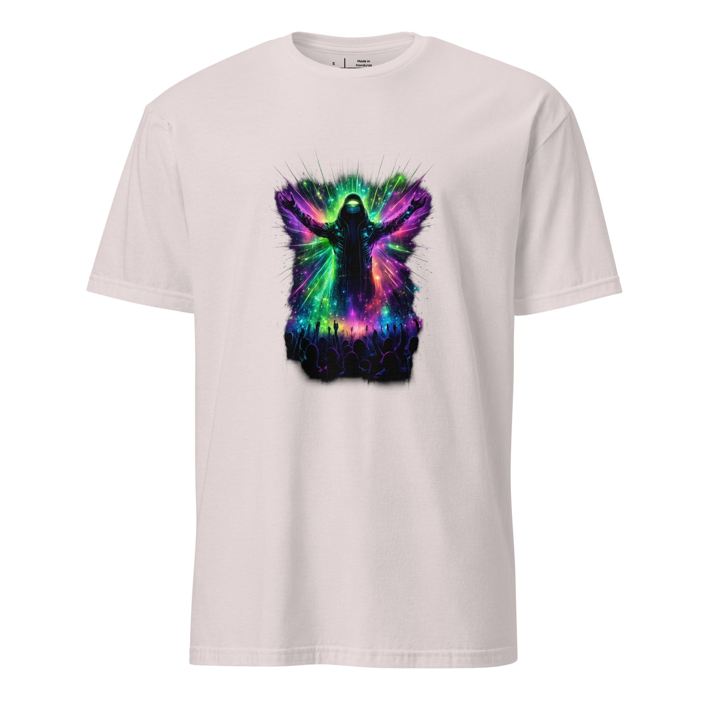 Neon Club Messiah – Late-Night Cyber Gig - Short-Sleeve Unisex T-Shirt - Graphic Tee - Ice Grey - Front