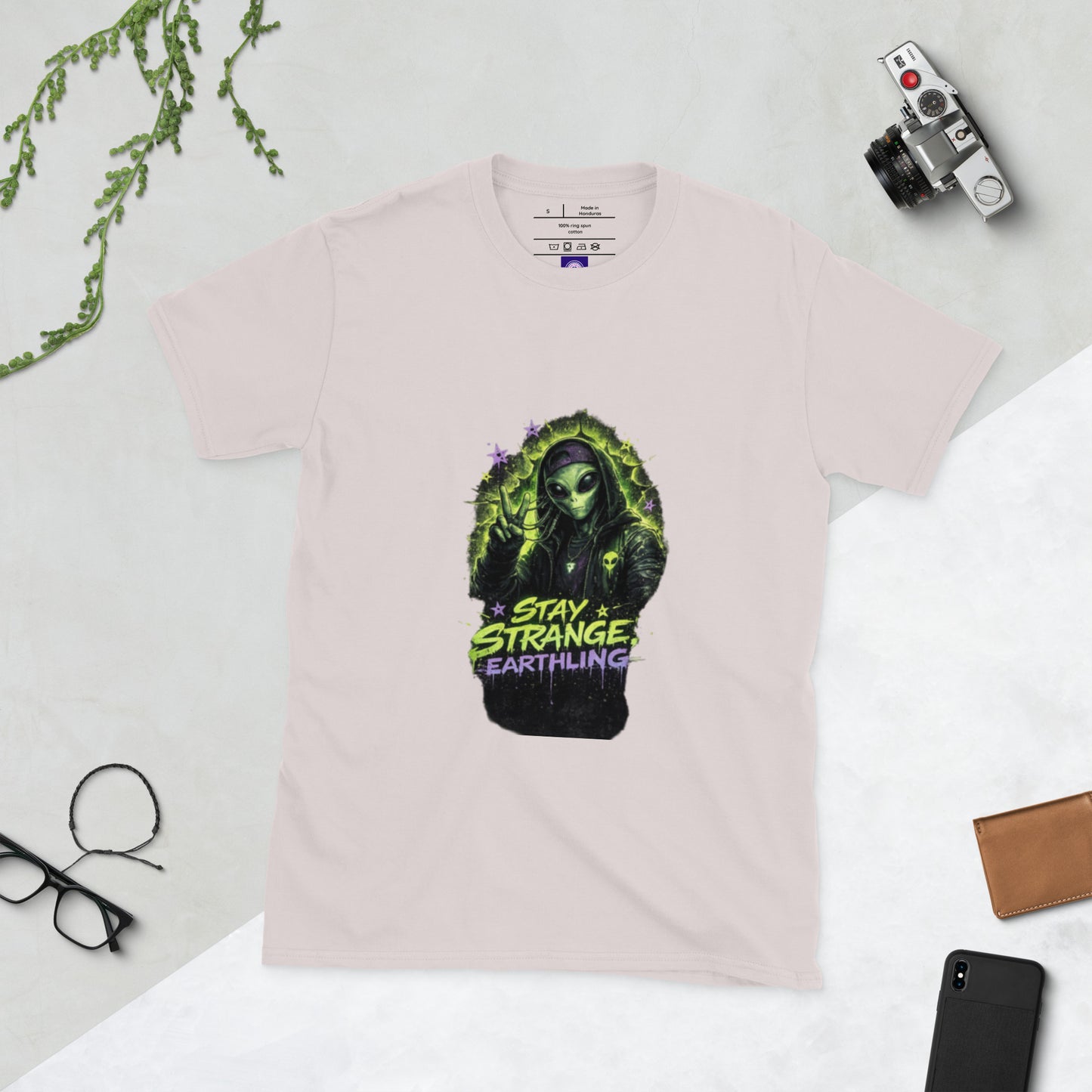Stay Strange, Earthling – Retro Sci-Fi - Short-Sleeve Unisex T-Shirt - Graphic Tee - Ice Grey - Front