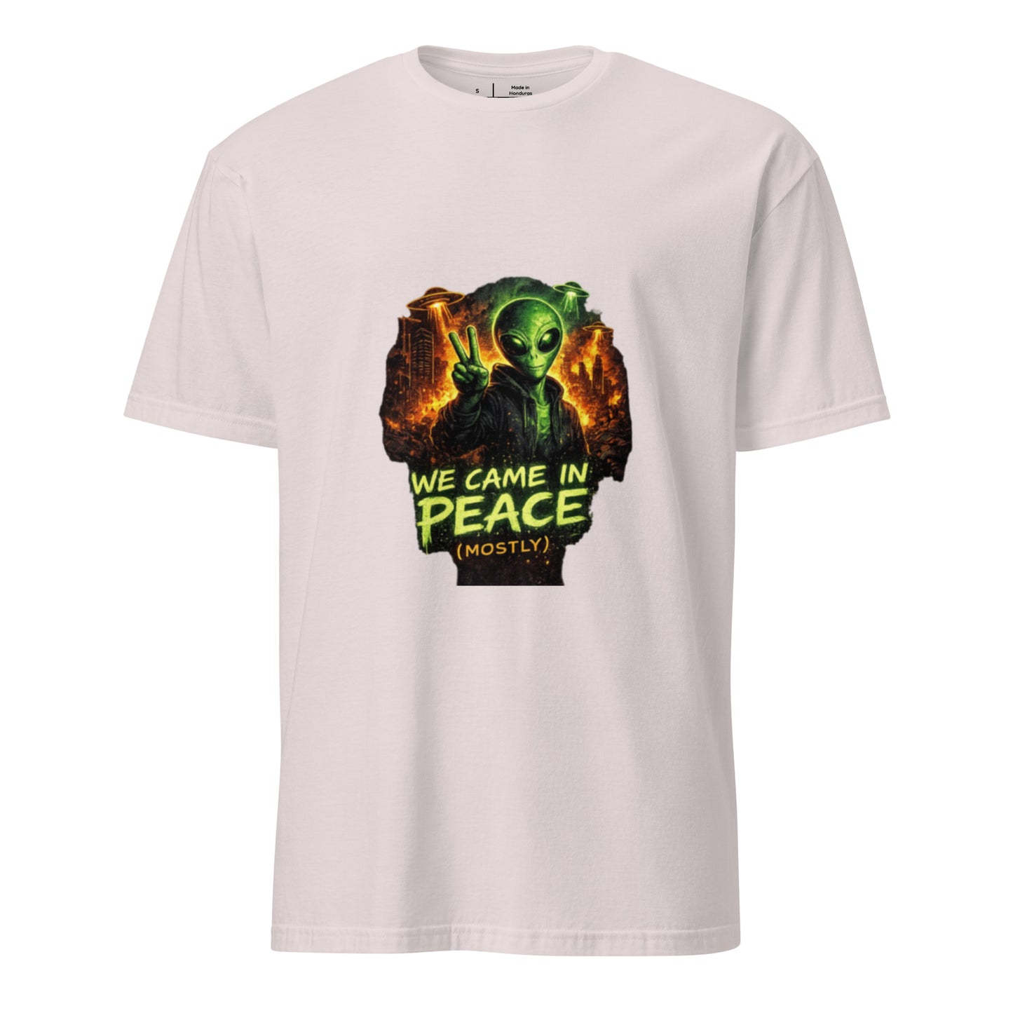 We Came in Peace (Mostly) – Alien Parody Streetwear - Short-Sleeve Unisex T-Shirt - Graphic Tee - Ice Grey - Front