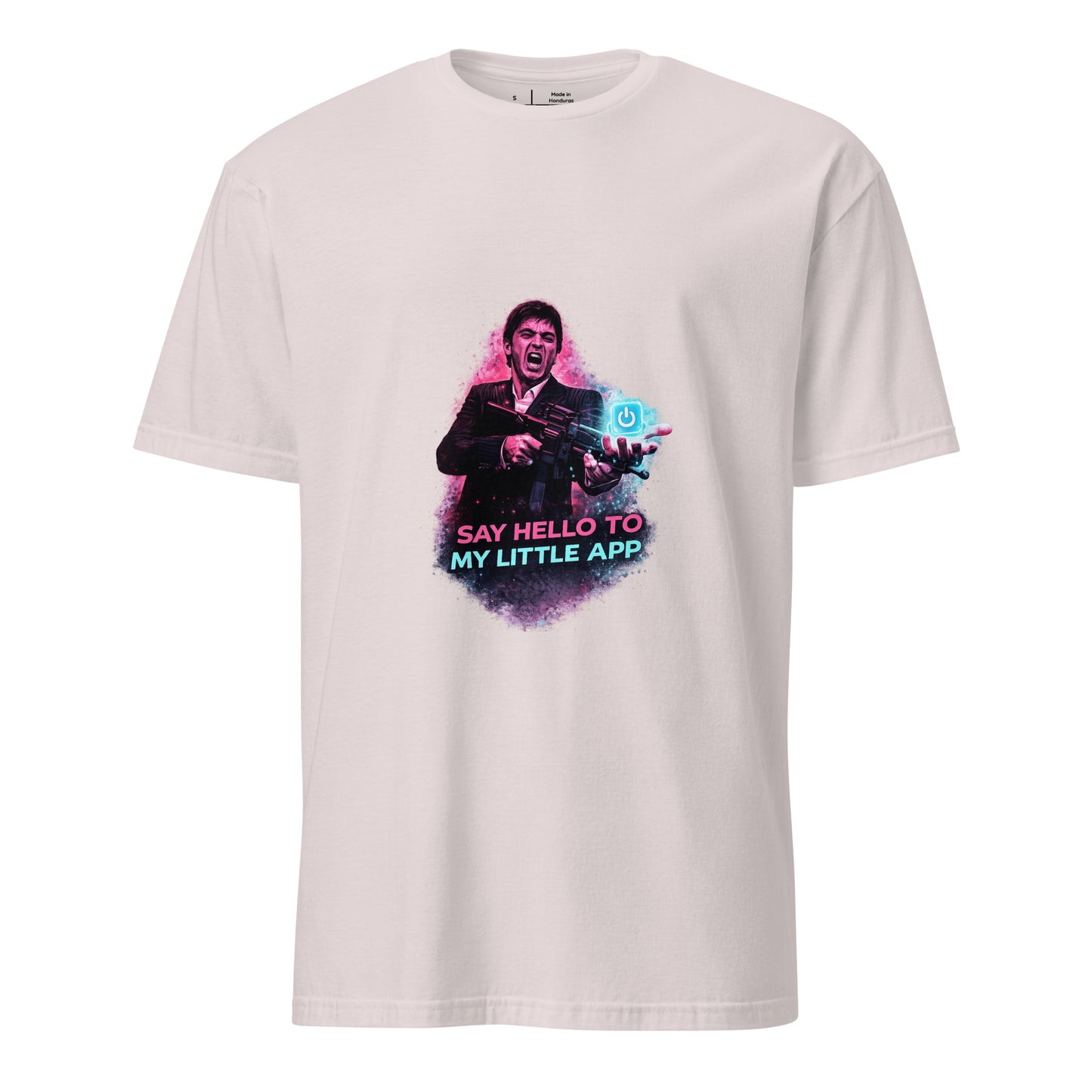 Say Hello to My Little App – Cyber Parody Streetwear - Short-Sleeve Unisex T-Shirt - Graphic Tee - Ice Grey - Front