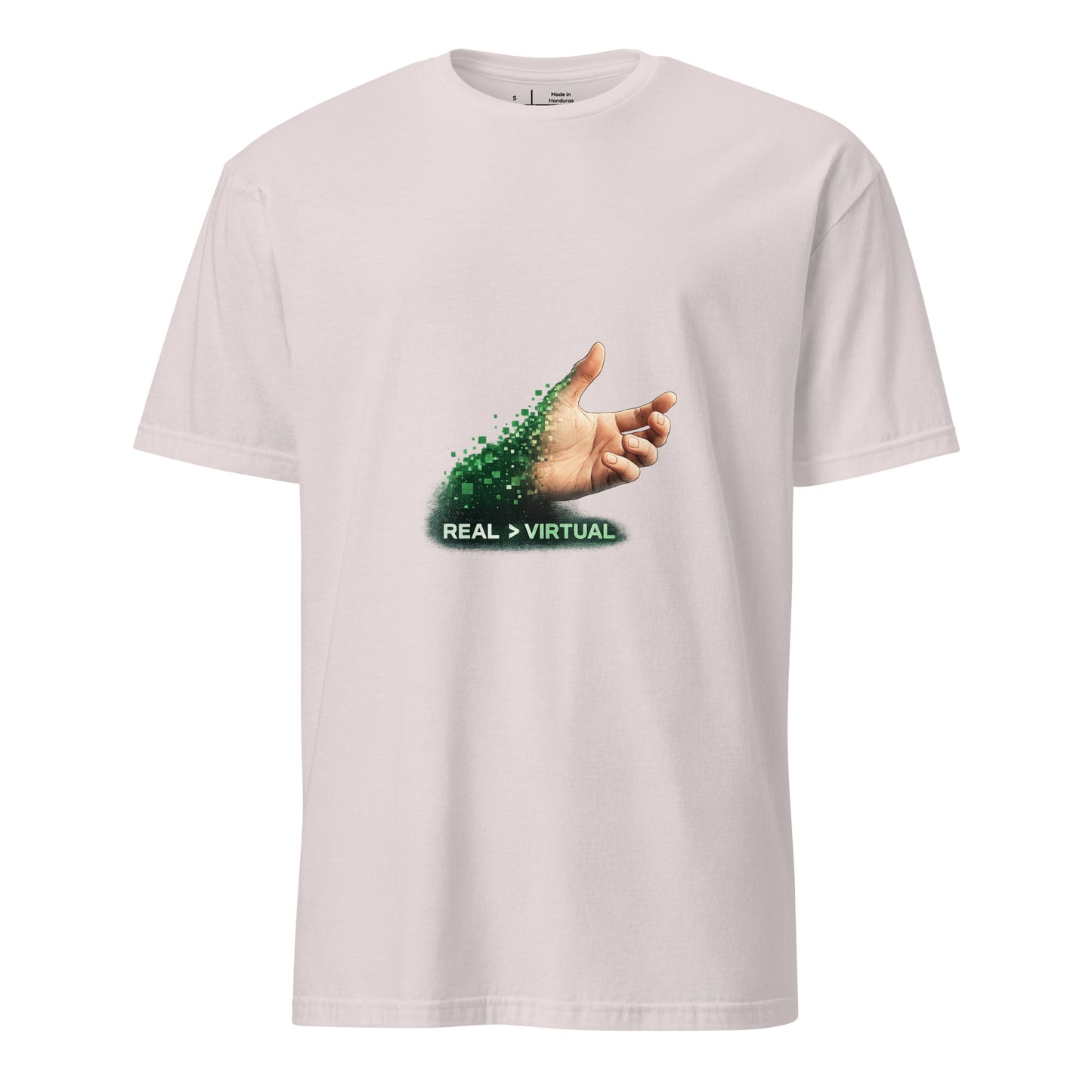 Real > Virtual – Gamer Lifestyle - Short-Sleeve Unisex T-Shirt - Graphic Tee - Ice Grey - Front