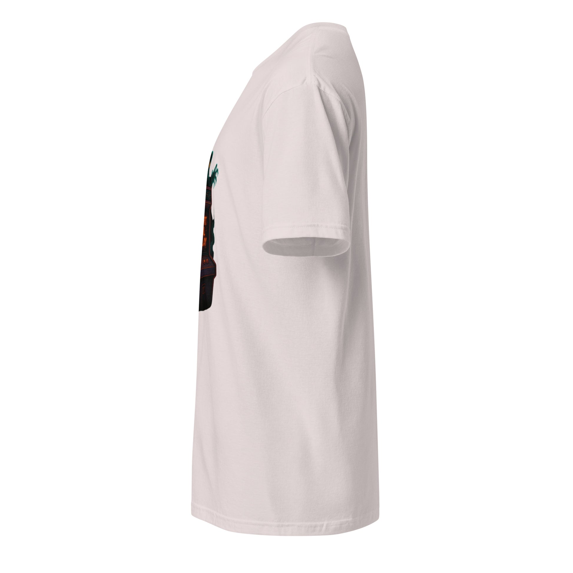 Haunted Neon Arcade Machine – “Insert Soul to Play” Retro Horror - Short-Sleeve Unisex T-Shirt - Graphic Tee - Ice Grey - Left side