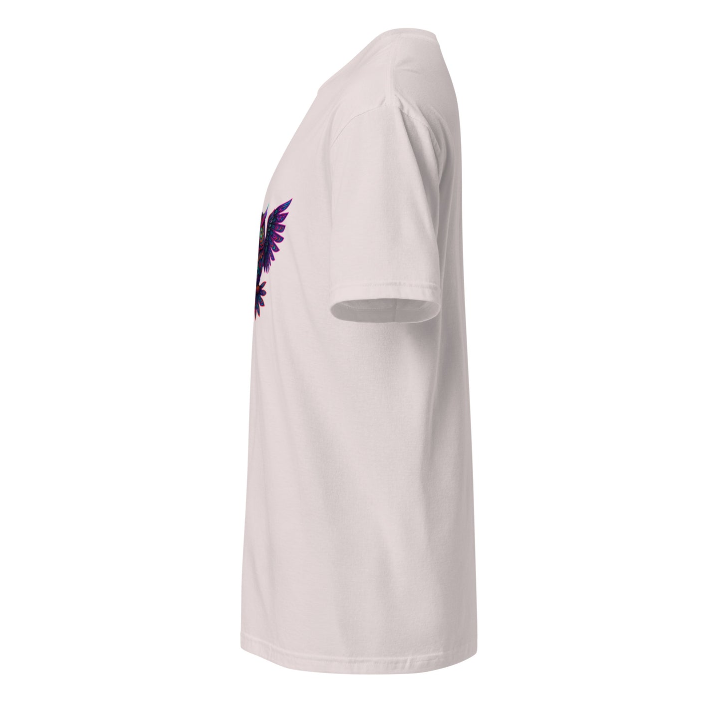 Psychedelic Owl – Trippy Neon Vision - Short-Sleeve Unisex T-Shirt - Graphic Tee - Ice Grey - Left side