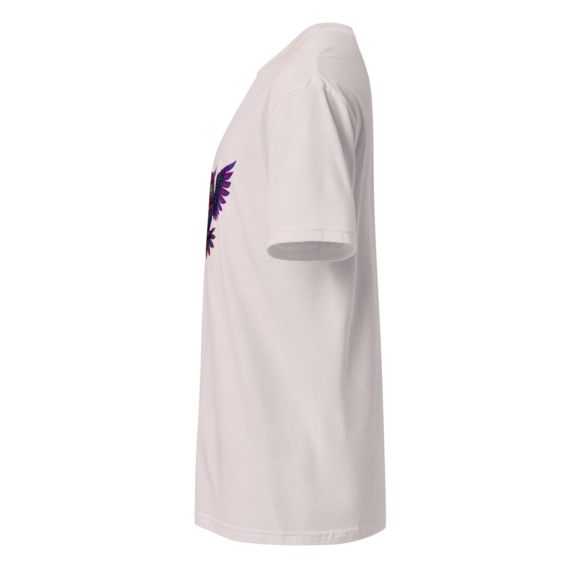 Psychedelic Owl – Trippy Neon Vision - Short-Sleeve Unisex T-Shirt - Graphic Tee - Ice Grey - Left side