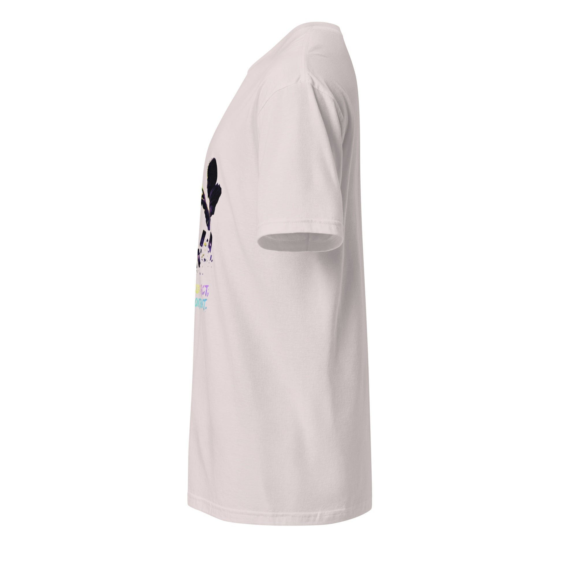 Make Contact, Not Content – Sci-Fi Streetwear - Short-Sleeve Unisex T-Shirt - Graphic Tee - Ice Grey - Left side
