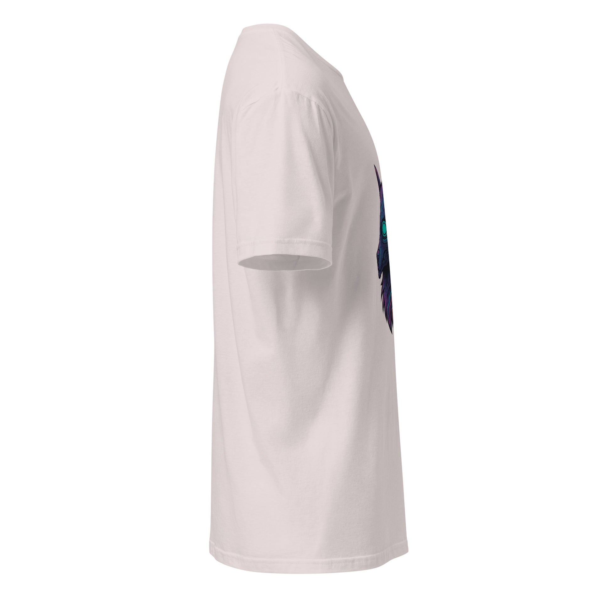 Cyber Wolf – Neon Sentinel - Short-Sleeve Unisex T-Shirt - Graphic Tee - Ice Grey - Right side