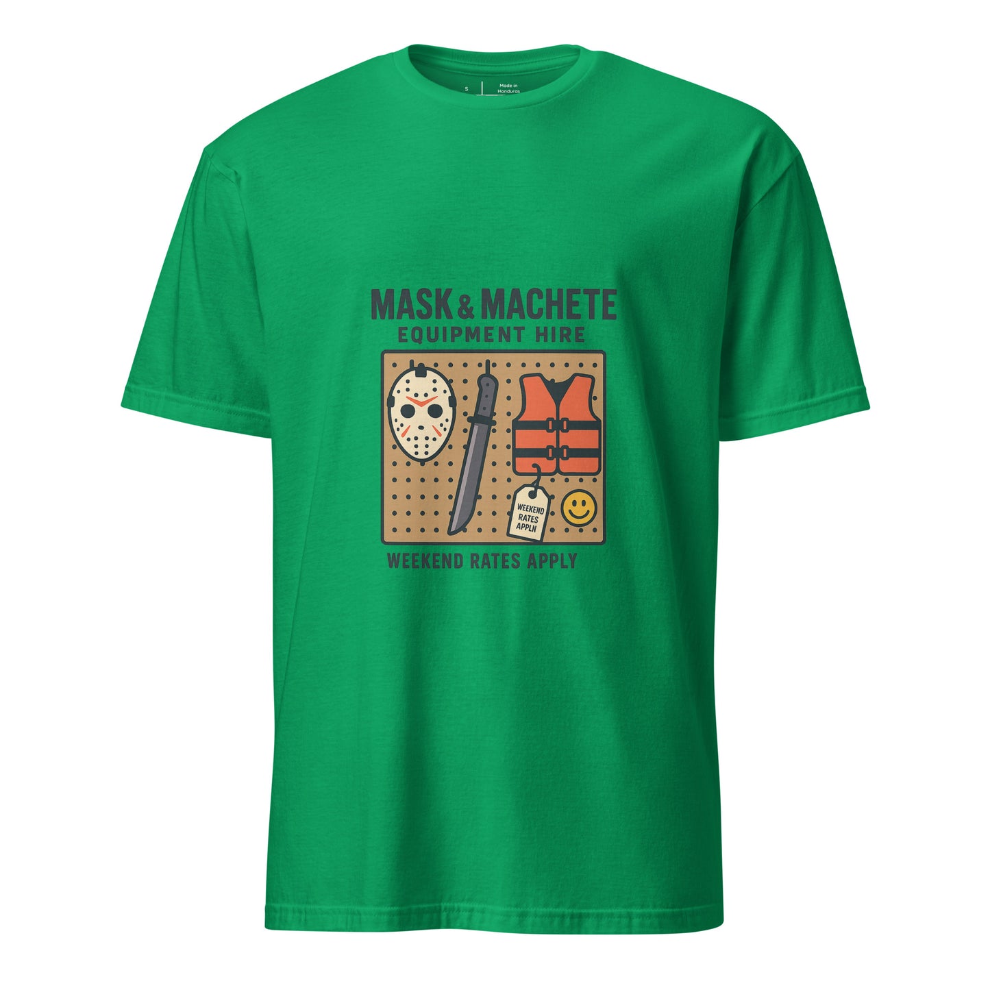 Mask & Machete Equipment Hire – For All Your Slasher Needs - Short-Sleeve Unisex T-Shirt - Graphic Tee - Irish Green - Front