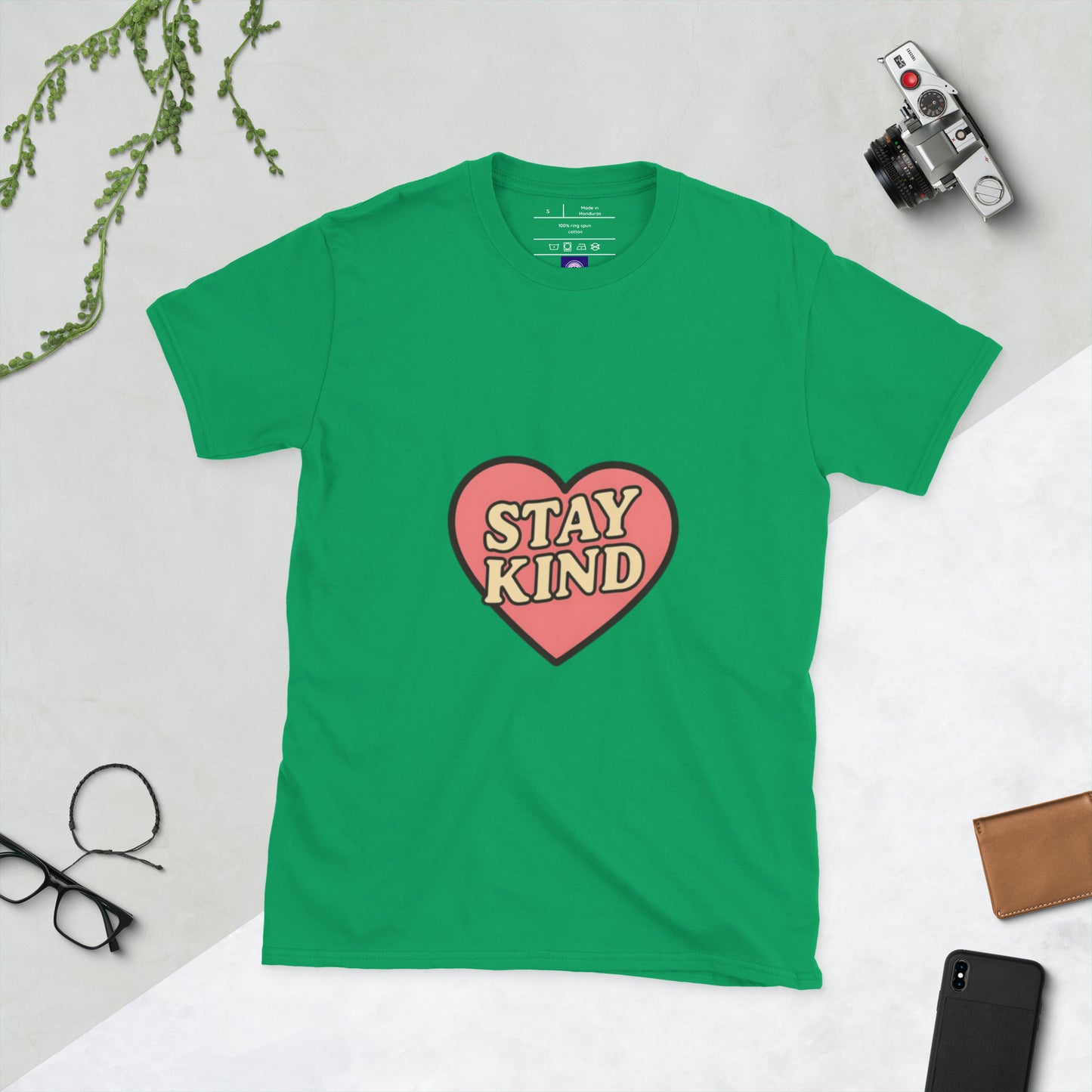 Stay Kind – Retro Heart Typography - Short-Sleeve Unisex T-Shirt - Graphic Tee - Irish Green - Front