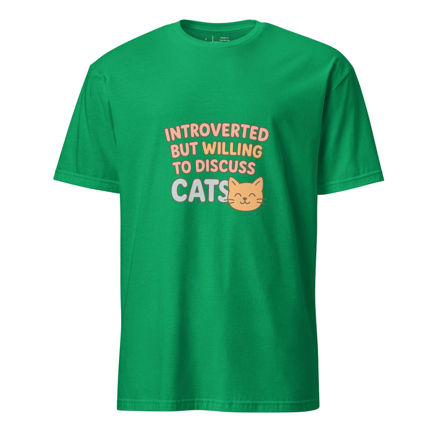Introverted But Willing To Discuss Cats – Cozy Cat Lovers - Short-Sleeve Unisex T-Shirt - Graphic Tee - Irish Green - Front