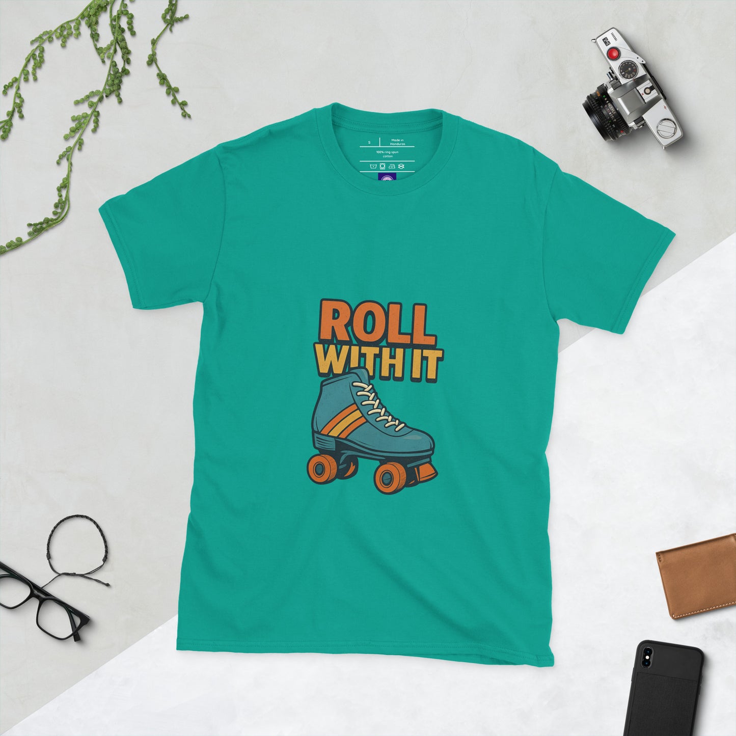 Roll With It - Retro Roller Skate Vibes - Short-Sleeve Unisex T-Shirt - Graphic Tee - Jade Dome - Front