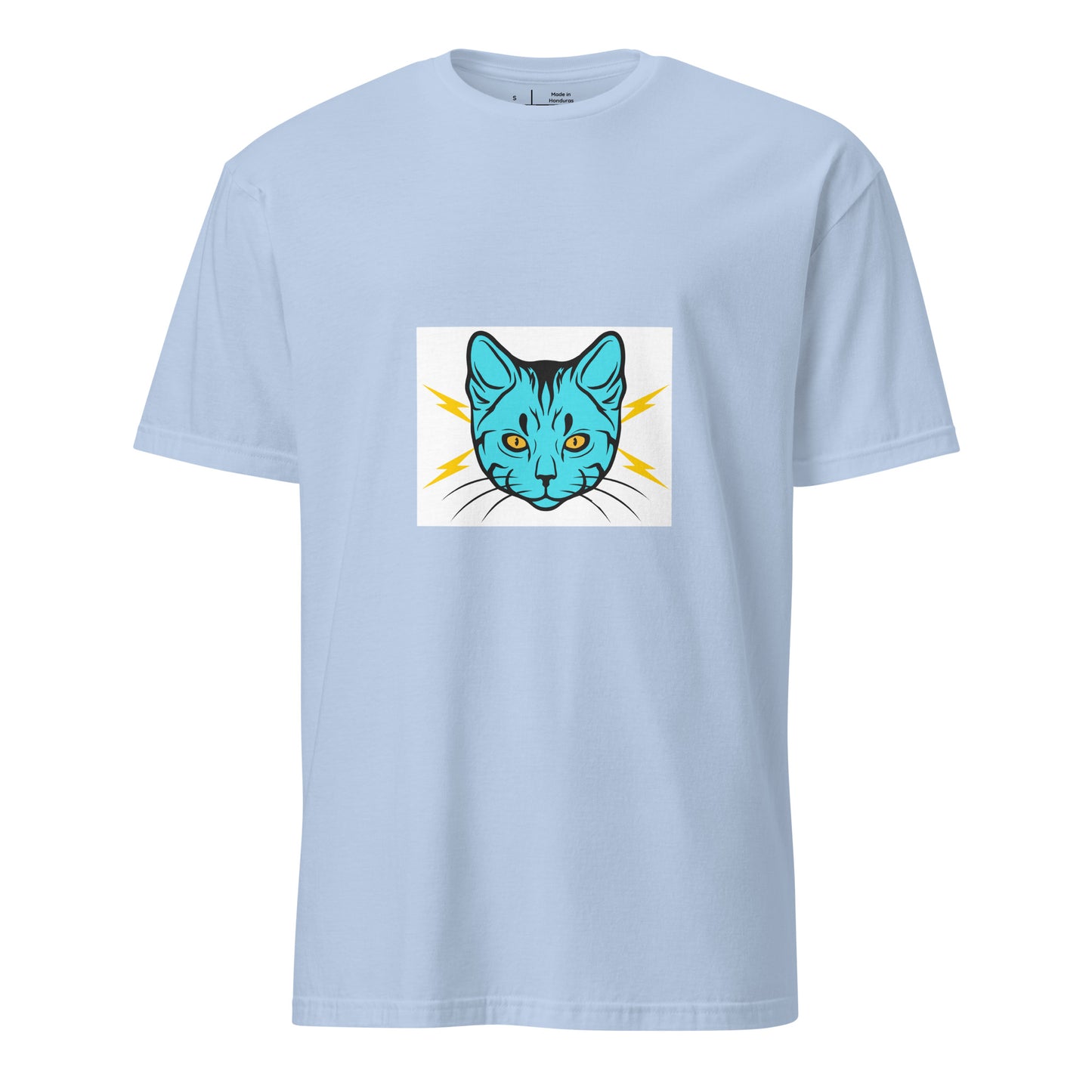 Electro Cat - Urban Cartoon Feline - Short-Sleeve Unisex T-Shirt - Graphic Tee - Light Blue - Front