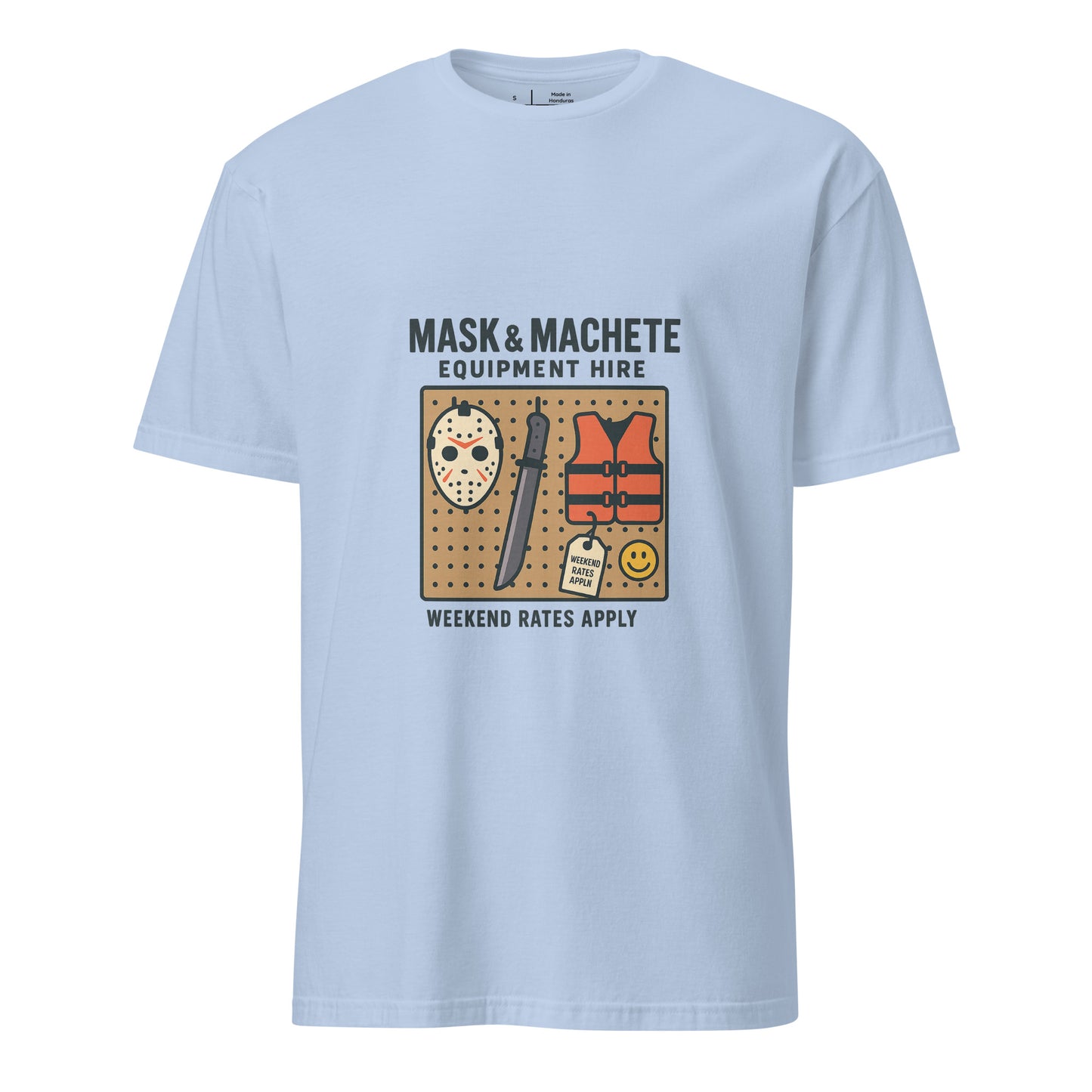 Mask & Machete Equipment Hire – For All Your Slasher Needs - Short-Sleeve Unisex T-Shirt - Graphic Tee - Light Blue - Front