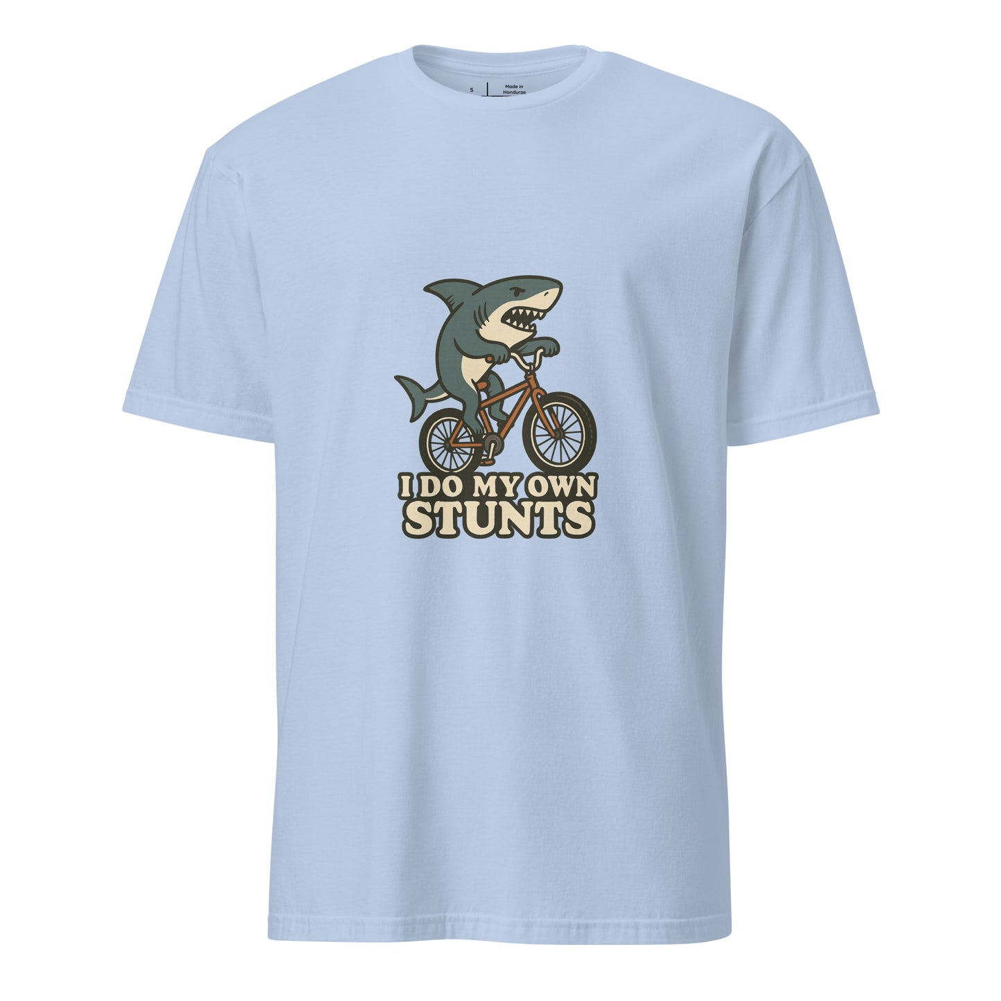 I Do My Own Stunts – Cartoon Shark BMX  - Short-Sleeve Unisex T-Shirt - Graphic Tee - Light Blue - Front