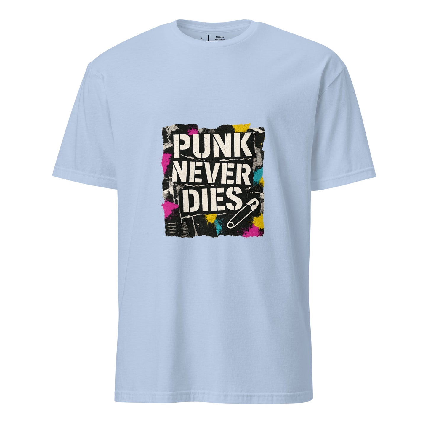 Punk Never Dies – Retro Punk Rock - Short-Sleeve Unisex T-Shirt - Graphic Tee - Light Blue - Front