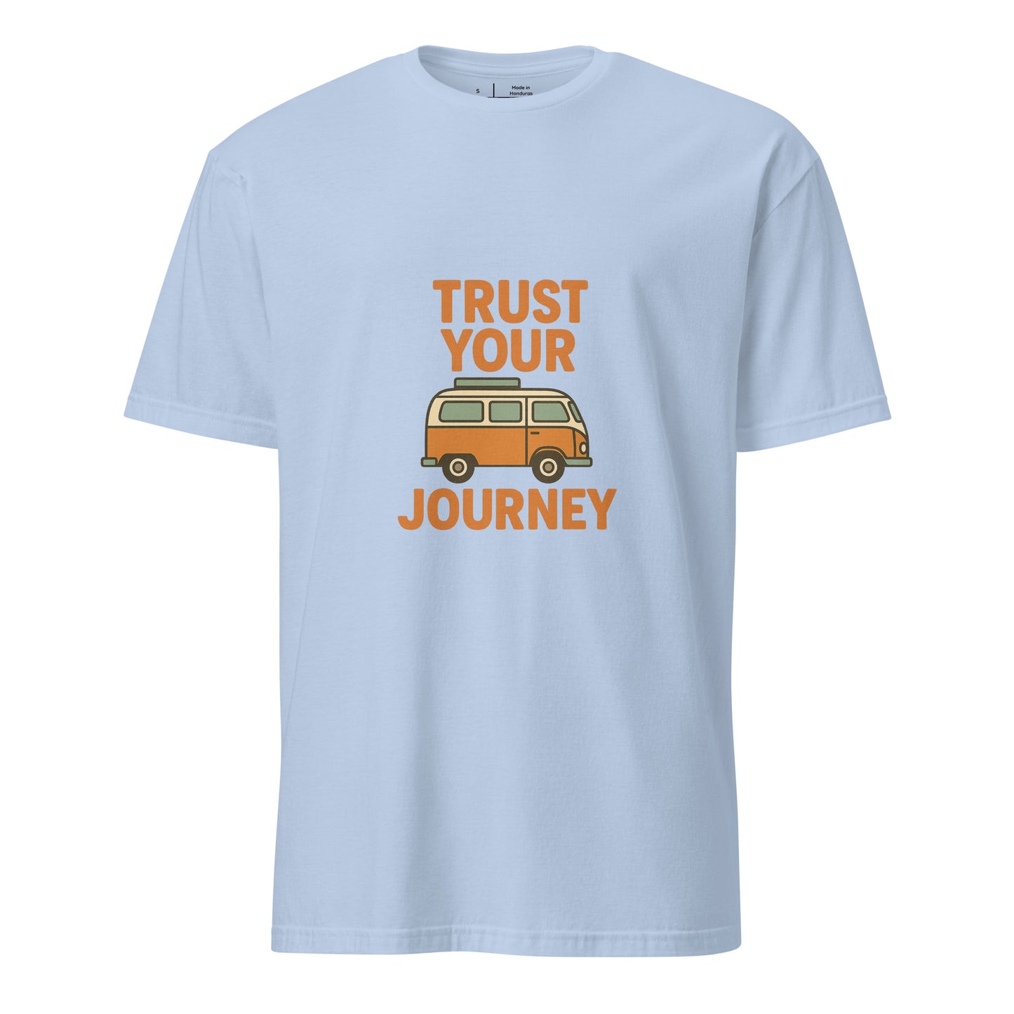 Trust Your Journey – Retro Camper Van - Short-Sleeve Unisex T-Shirt - Graphic Tee - Light Blue - Front