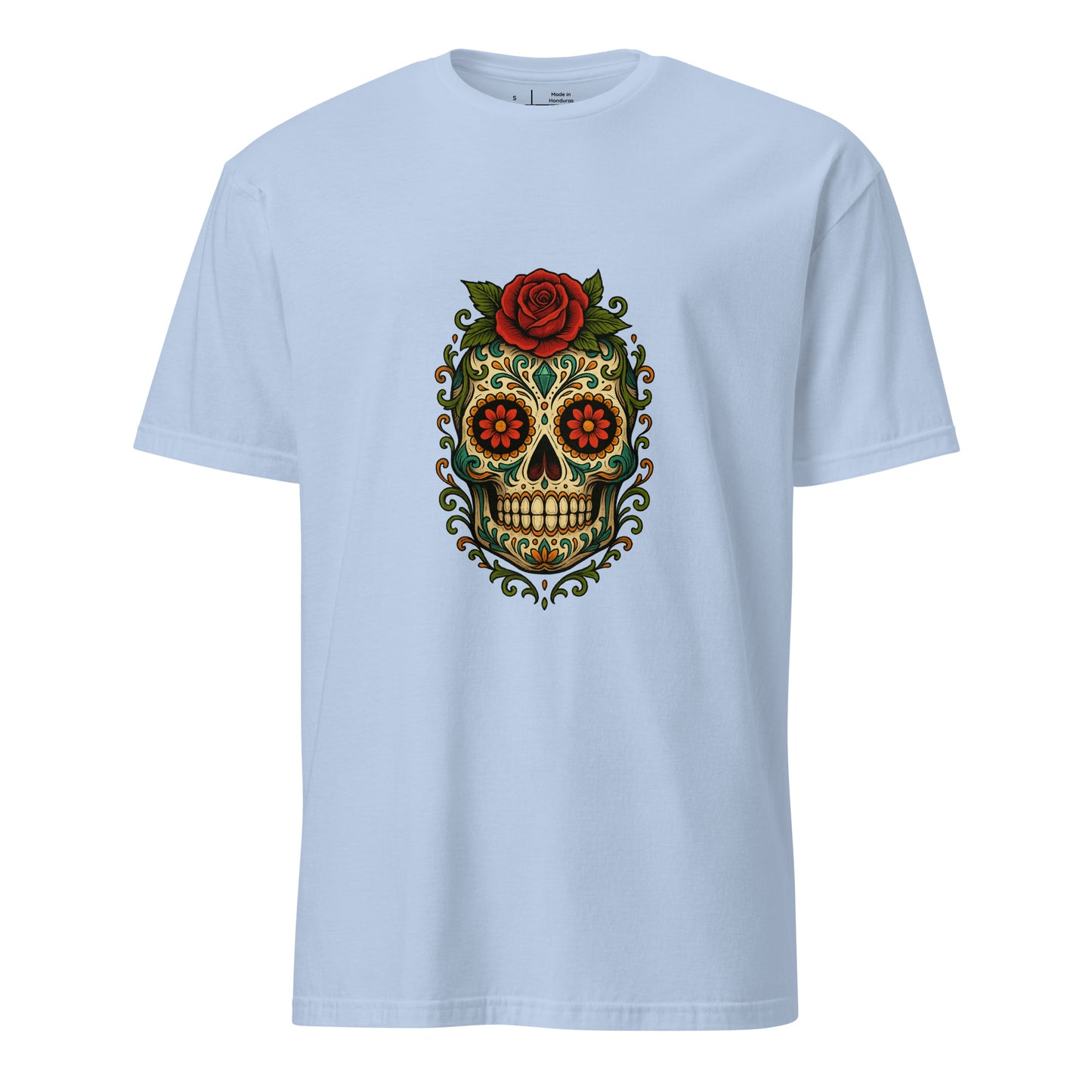 Day Of The Dead – Red Rose Skull Edition - Short-Sleeve Unisex T-Shirt - Graphic Tee - Light Blue - Front