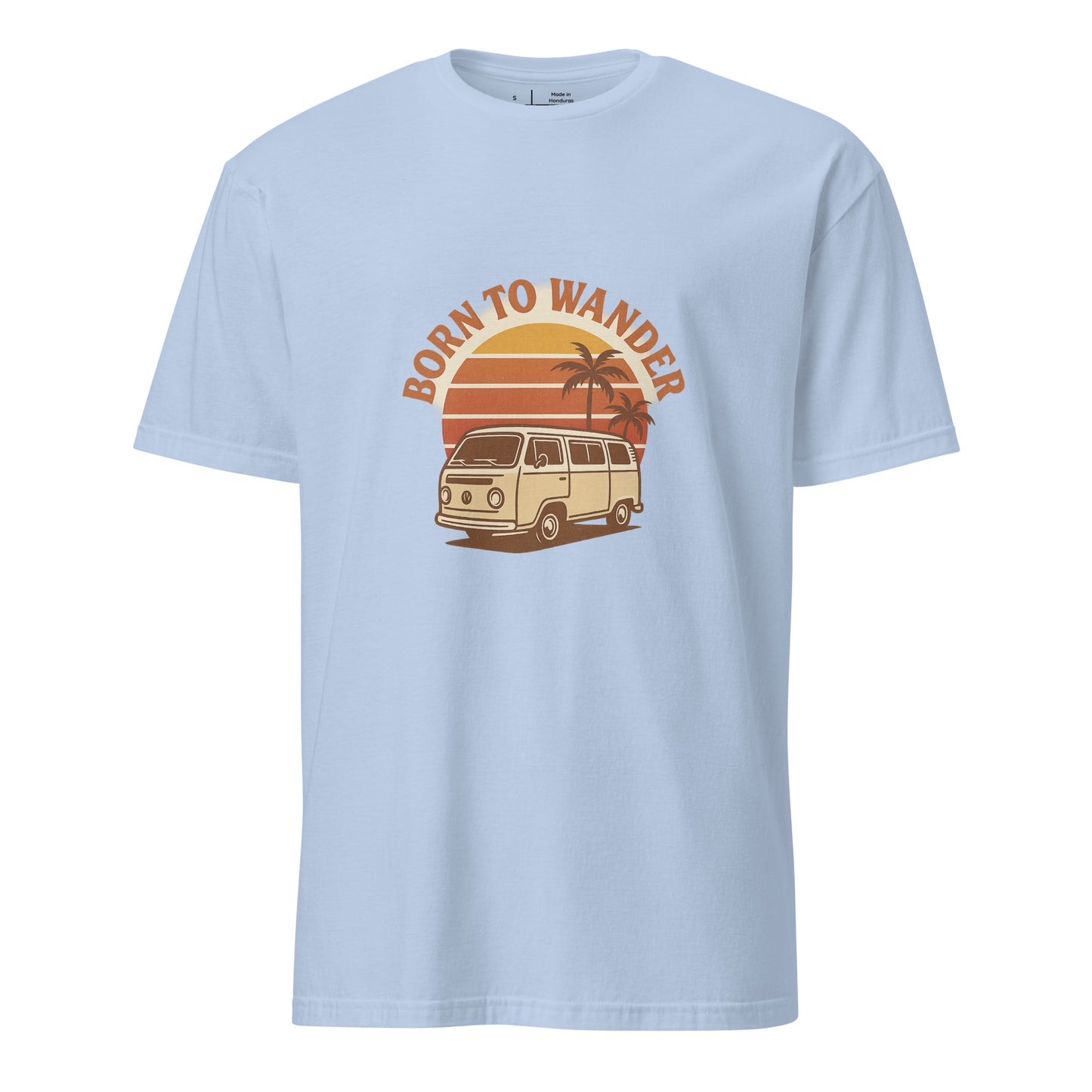 Born To Wander – Sunset Camper Edition - Short-Sleeve Unisex T-Shirt - Graphic Tee - Light Blue - Front