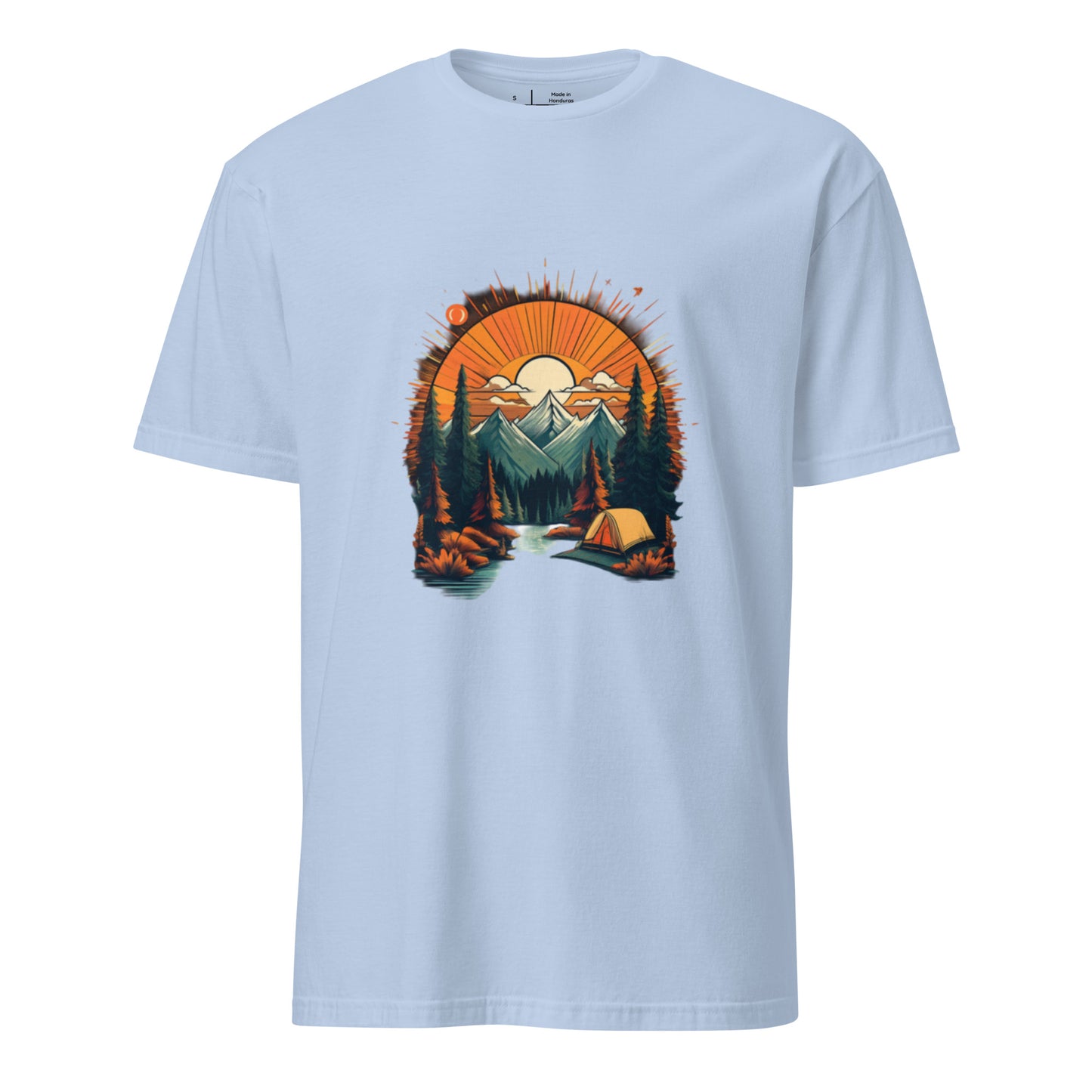 Golden Sunset Camping Escape – Adventure - Short-Sleeve Unisex T-Shirt - Graphic Tee - Light Blue - Front