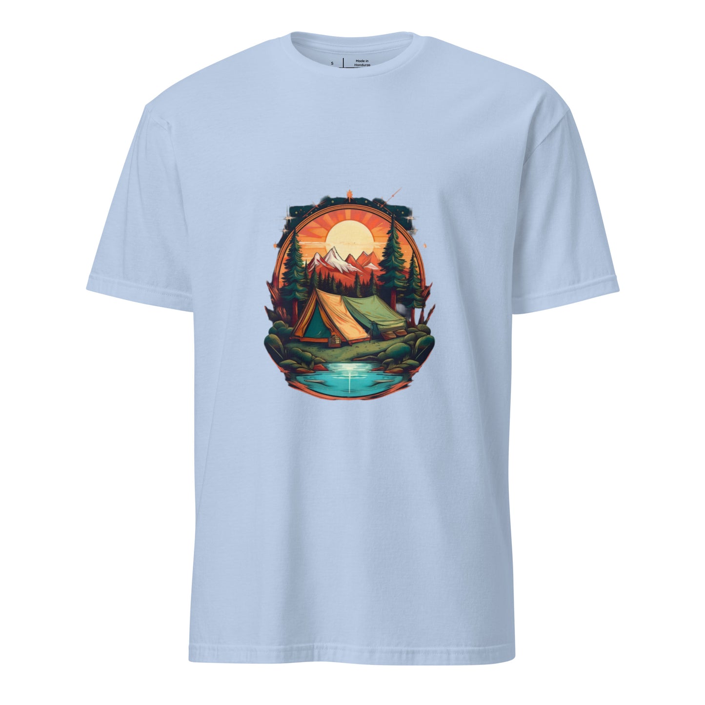 Golden Escape – Twin Tent Adventure - Short-Sleeve Unisex T-Shirt - Graphic Tee - Light Blue - Front