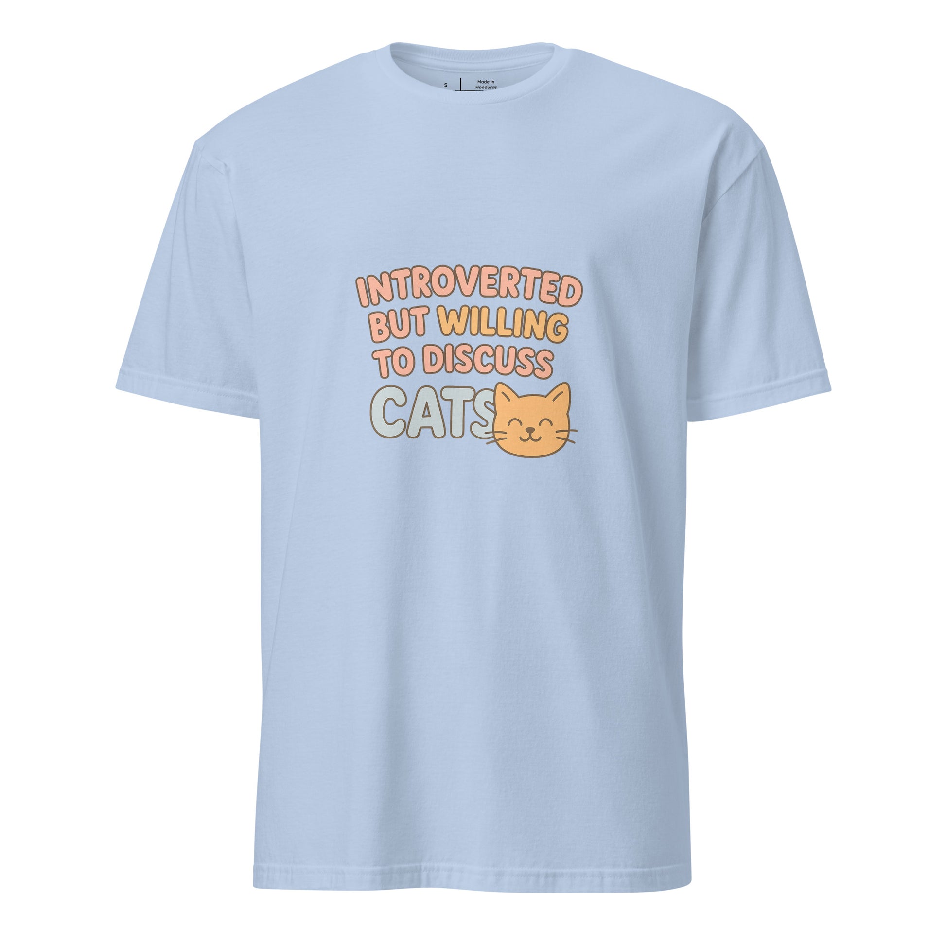 Introverted But Willing To Discuss Cats – Cozy Cat Lovers - Short-Sleeve Unisex T-Shirt - Graphic Tee - Light Blue - Front