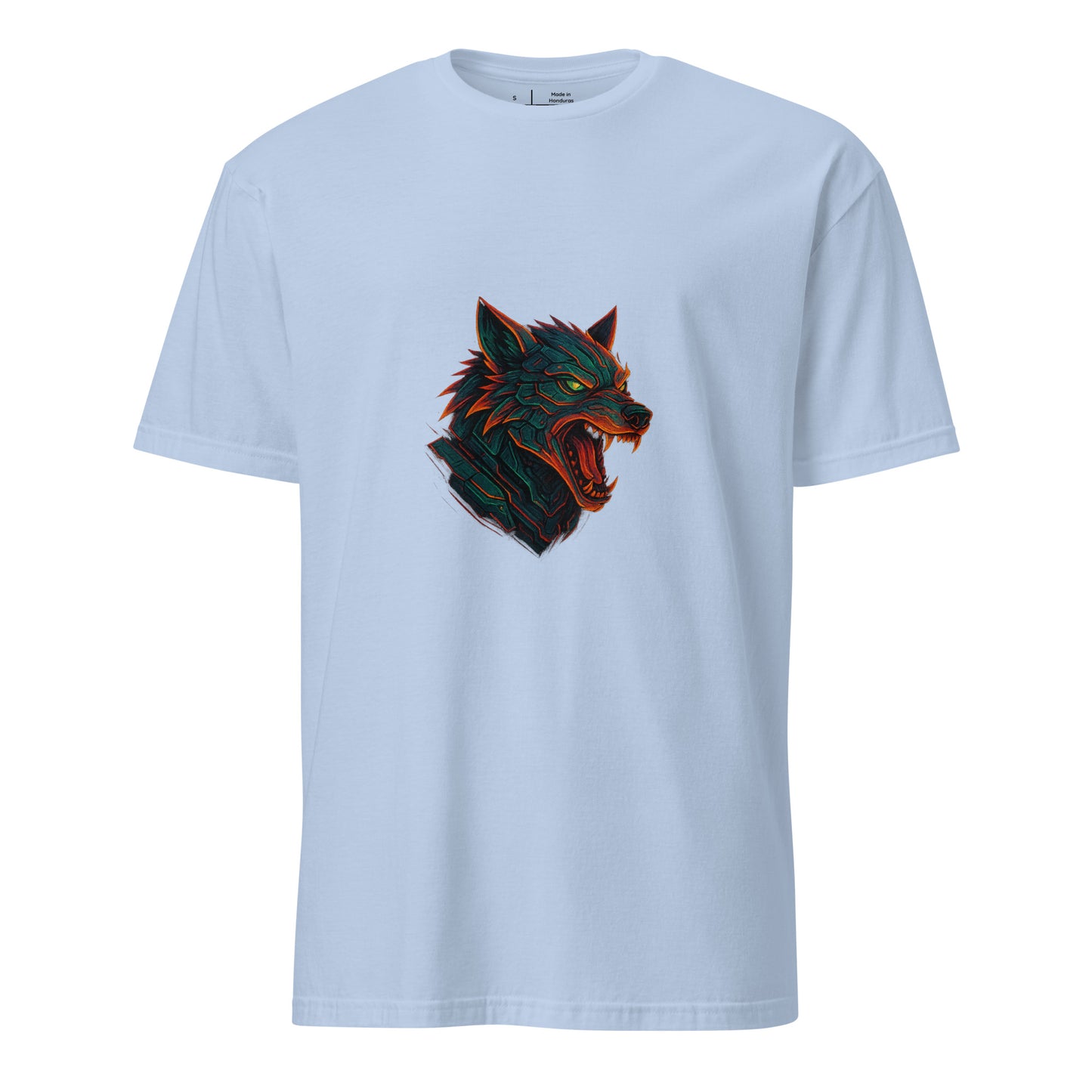 The Wolf Overdrive – Cyber Wolf Unleashed - Short-Sleeve Unisex T-Shirt - Graphic Tee - Light Blue - Front