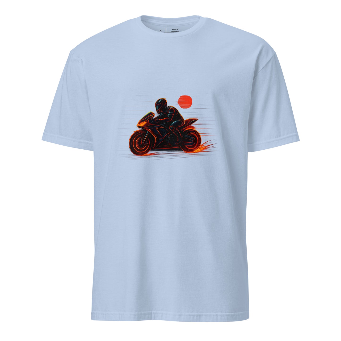 Neon Rider – Blaze Through the Digital Highway - Short-Sleeve Unisex T-Shirt - Graphic Tee - Light Blue - Front