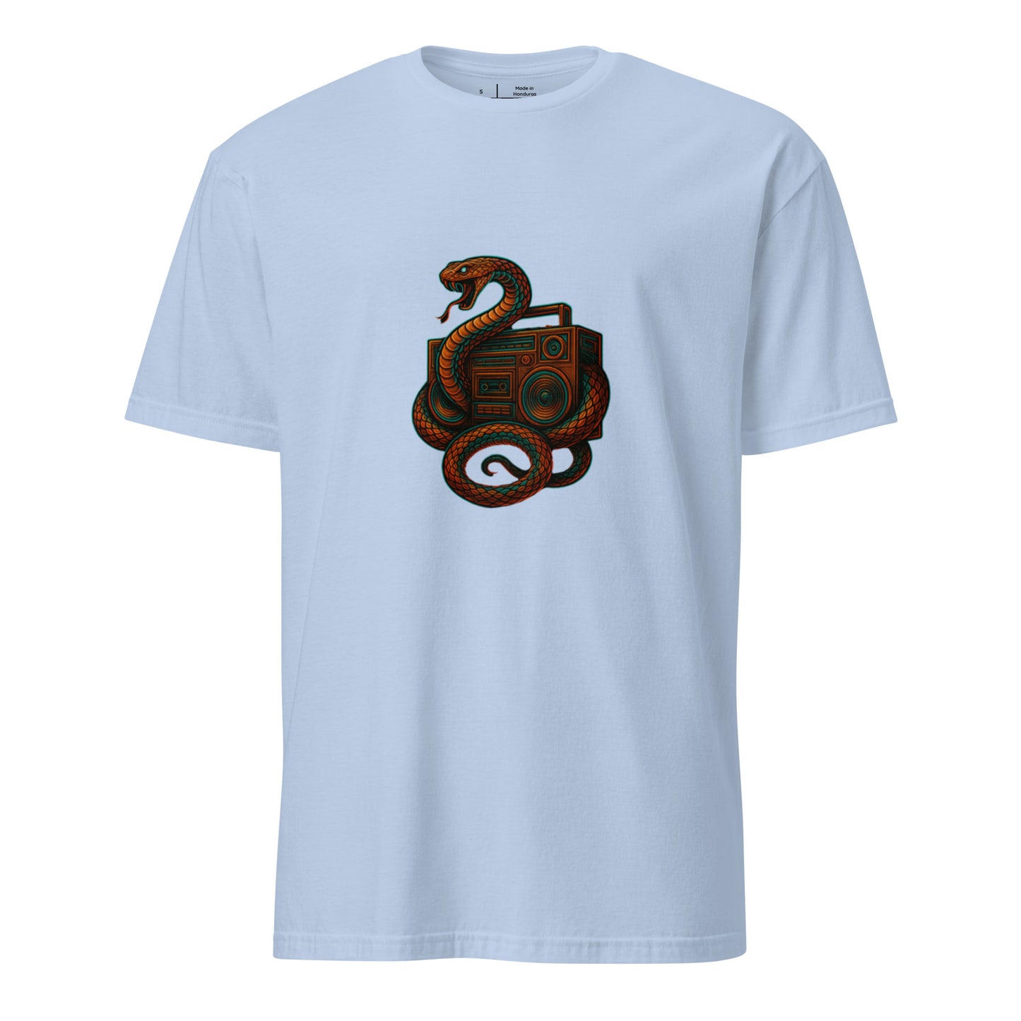 Bassline Serpent – Snake & Soundwaves - Short-Sleeve Unisex T-Shirt - Graphic Tee - Light Blue - Front