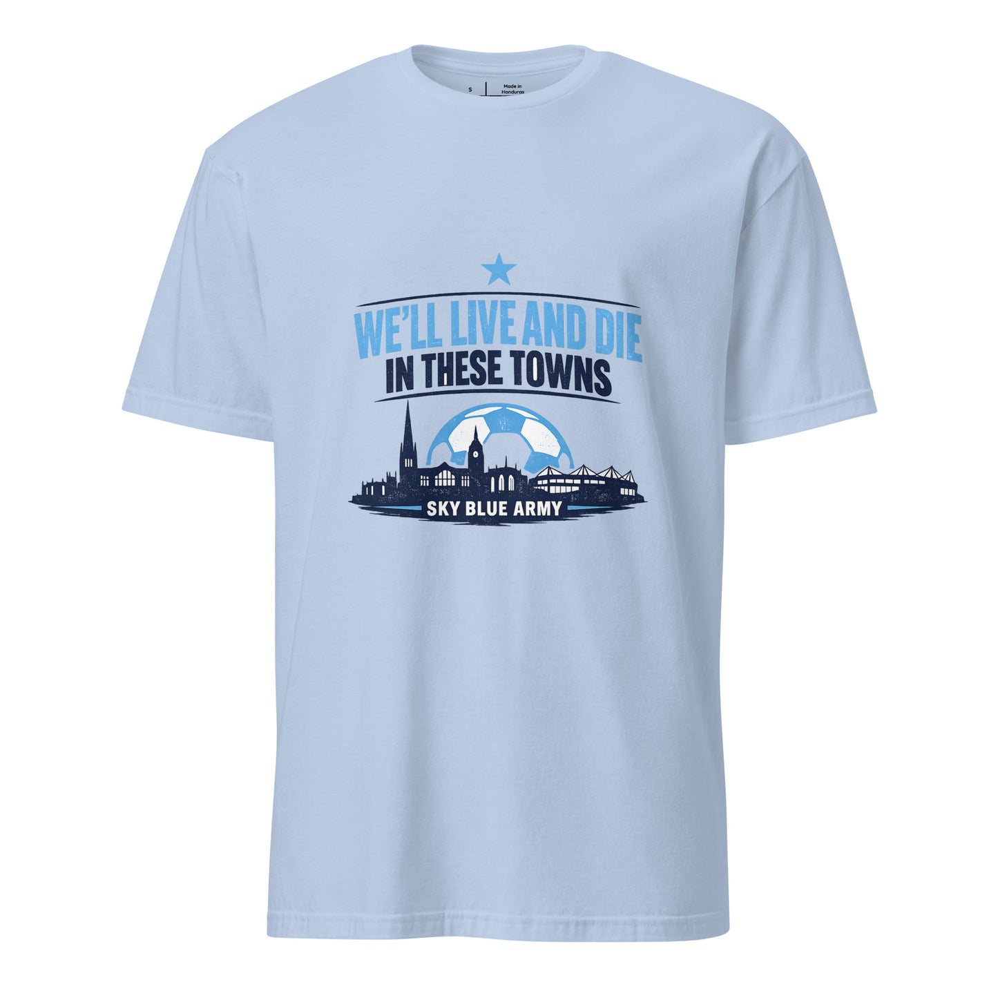 Live and Die in These Towns – Coventry Skyline - Short-Sleeve Unisex T-Shirt - Graphic Tee - Light blue - Front