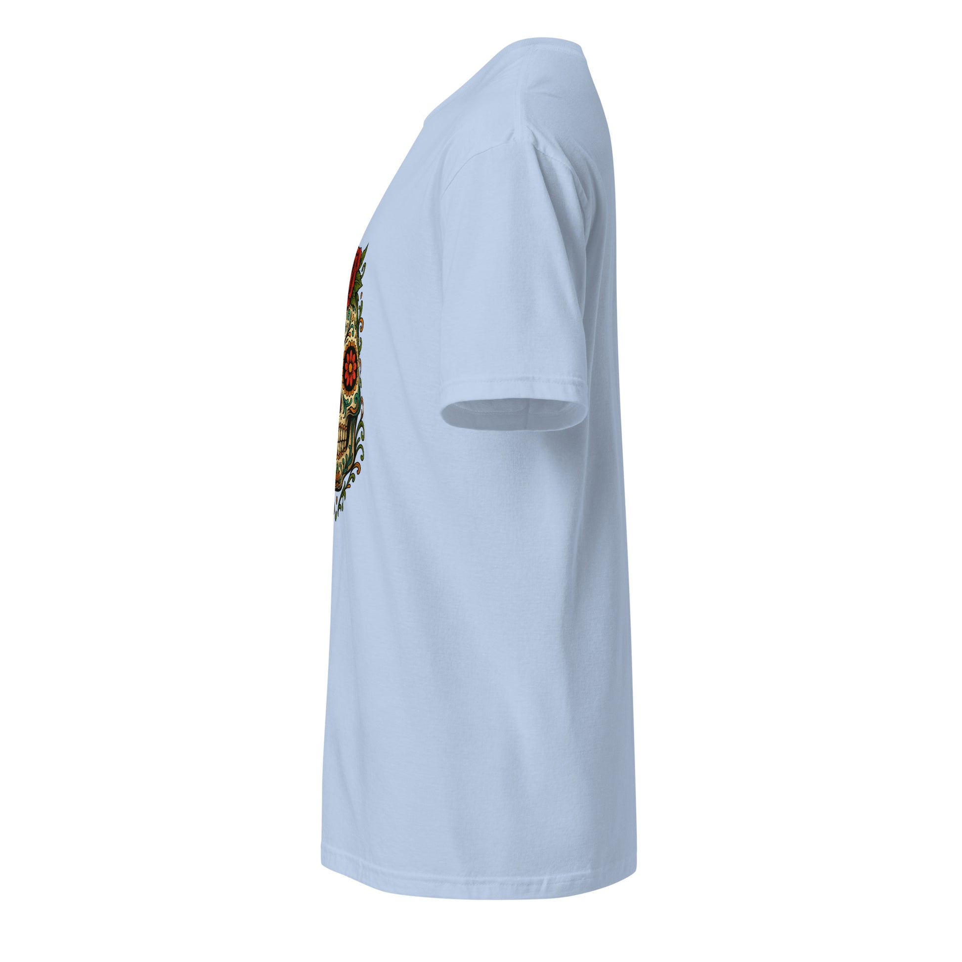 Day Of The Dead – Red Rose Skull Edition - Short-Sleeve Unisex T-Shirt - Graphic Tee - Light Blue - Left side