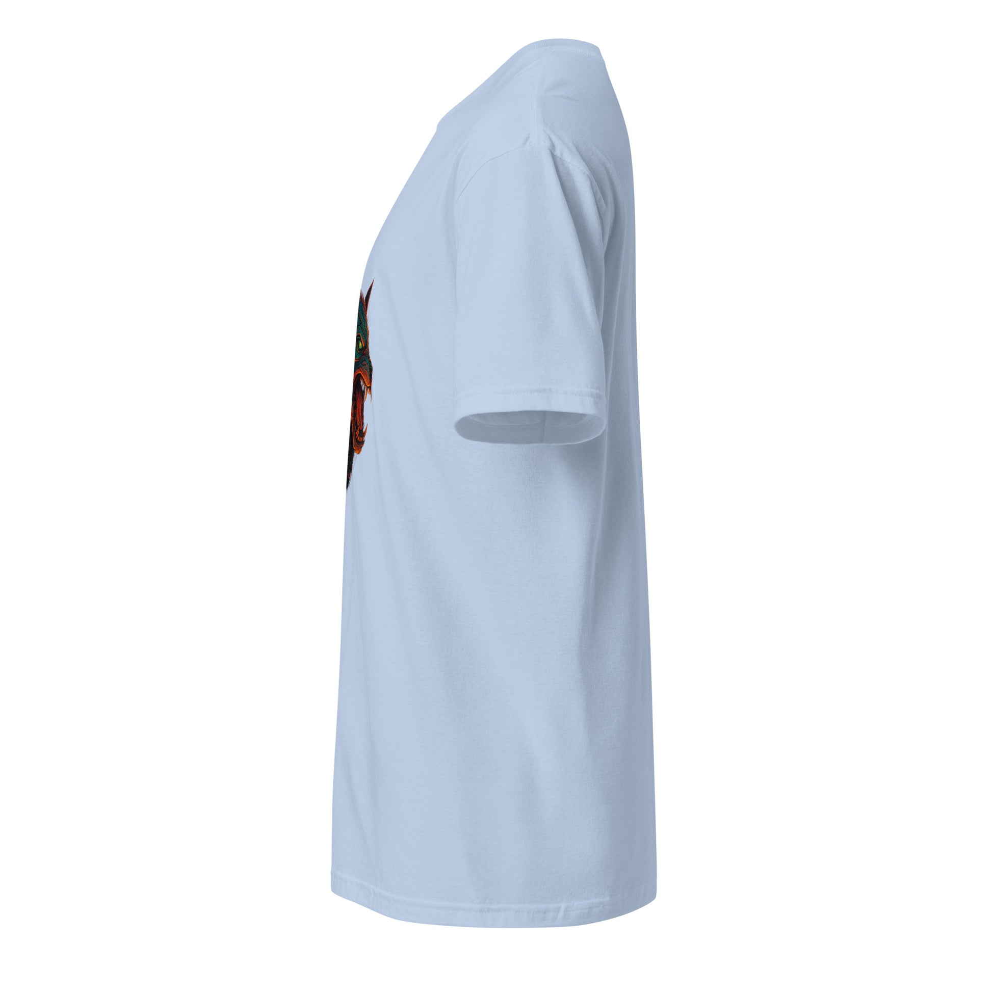 The Wolf Overdrive – Cyber Wolf Unleashed - Short-Sleeve Unisex T-Shirt - Graphic Tee - Light Blue - Left side
