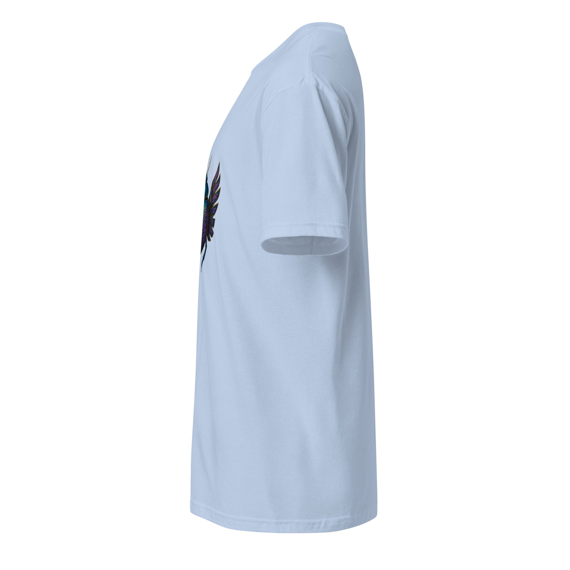 Mecha Scarab Beetle – Neon Tech Guardian - Short-Sleeve Unisex T-Shirt - Graphic Tee - Light Blue - Left side