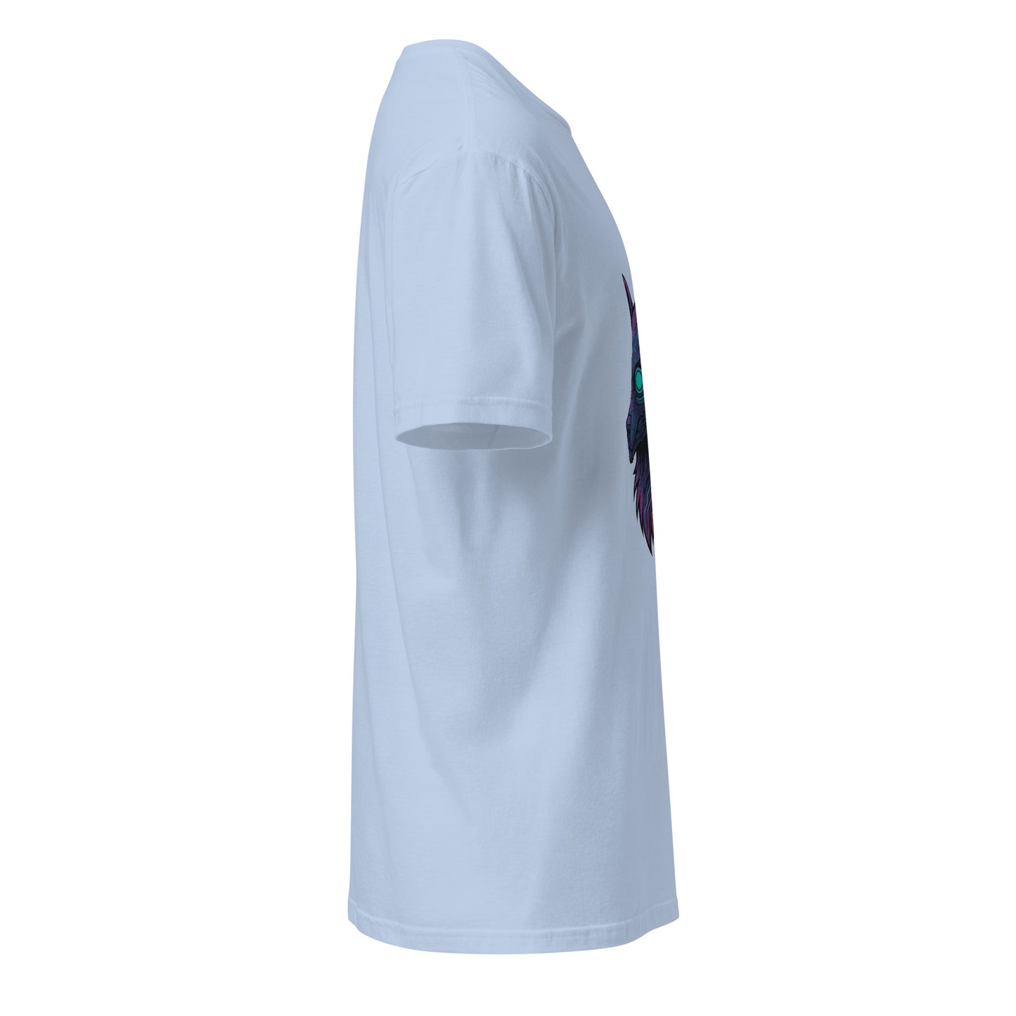 Cyber Wolf – Neon Sentinel - Short-Sleeve Unisex T-Shirt - Graphic Tee - Light Blue - Right side