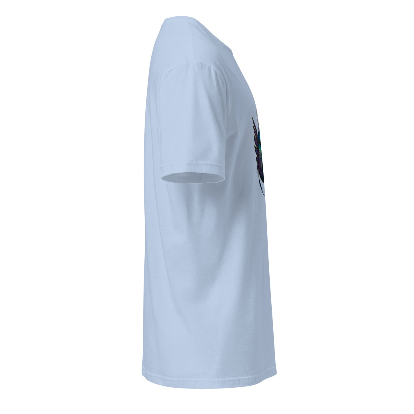 Mecha Scarab Beetle – Neon Tech Guardian - Short-Sleeve Unisex T-Shirt - Graphic Tee - Light Blue - Right side