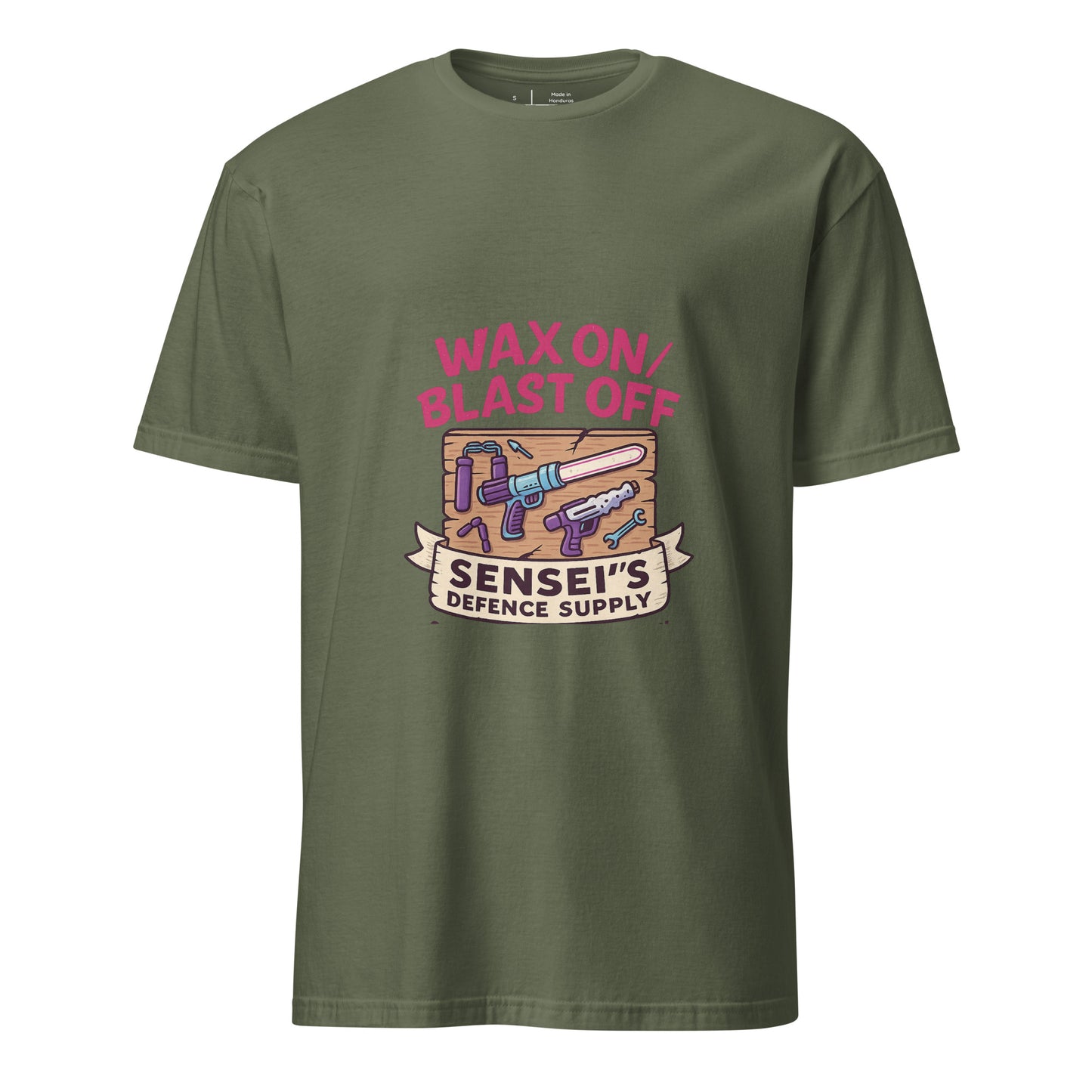 Wax On/Blast Off – Retro Karate Space - Short-Sleeve Unisex T-Shirt - Graphic Tee - Military Green - Front