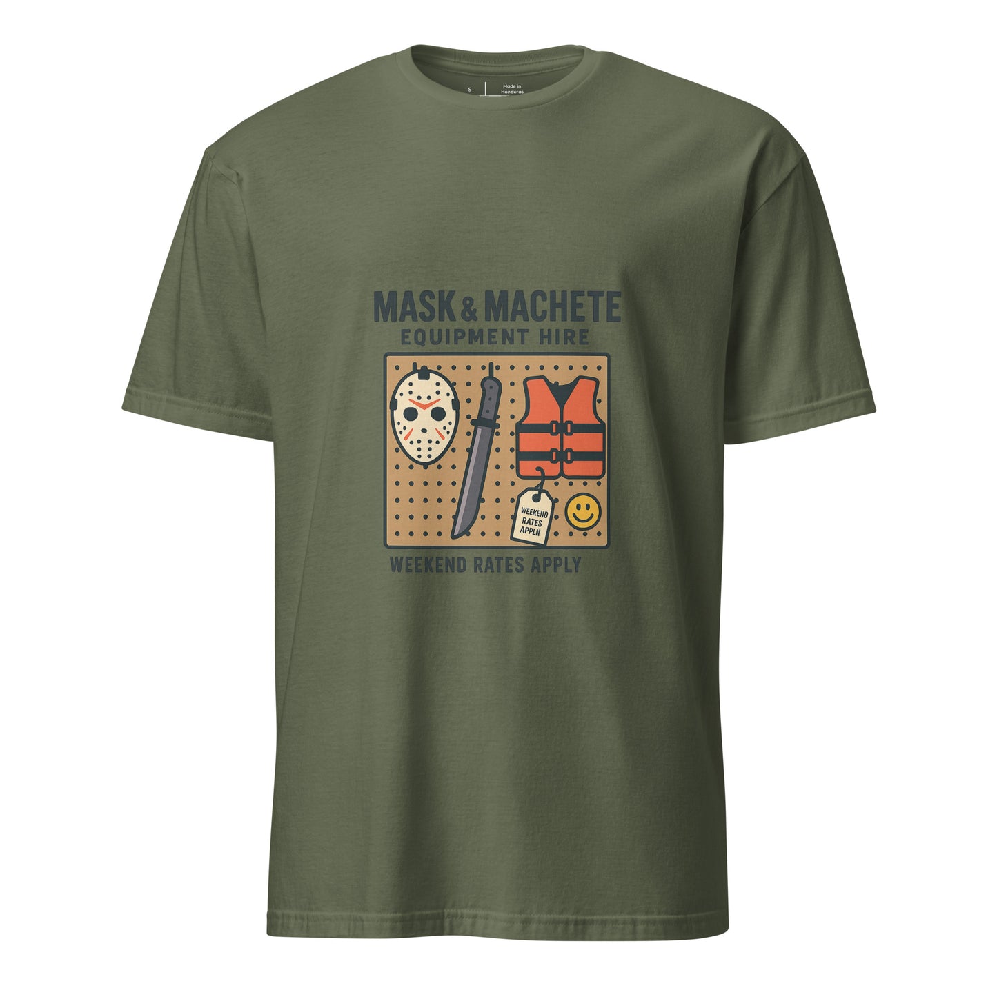 Mask & Machete Equipment Hire – For All Your Slasher Needs - Short-Sleeve Unisex T-Shirt - Graphic Tee - Military Green - Front
