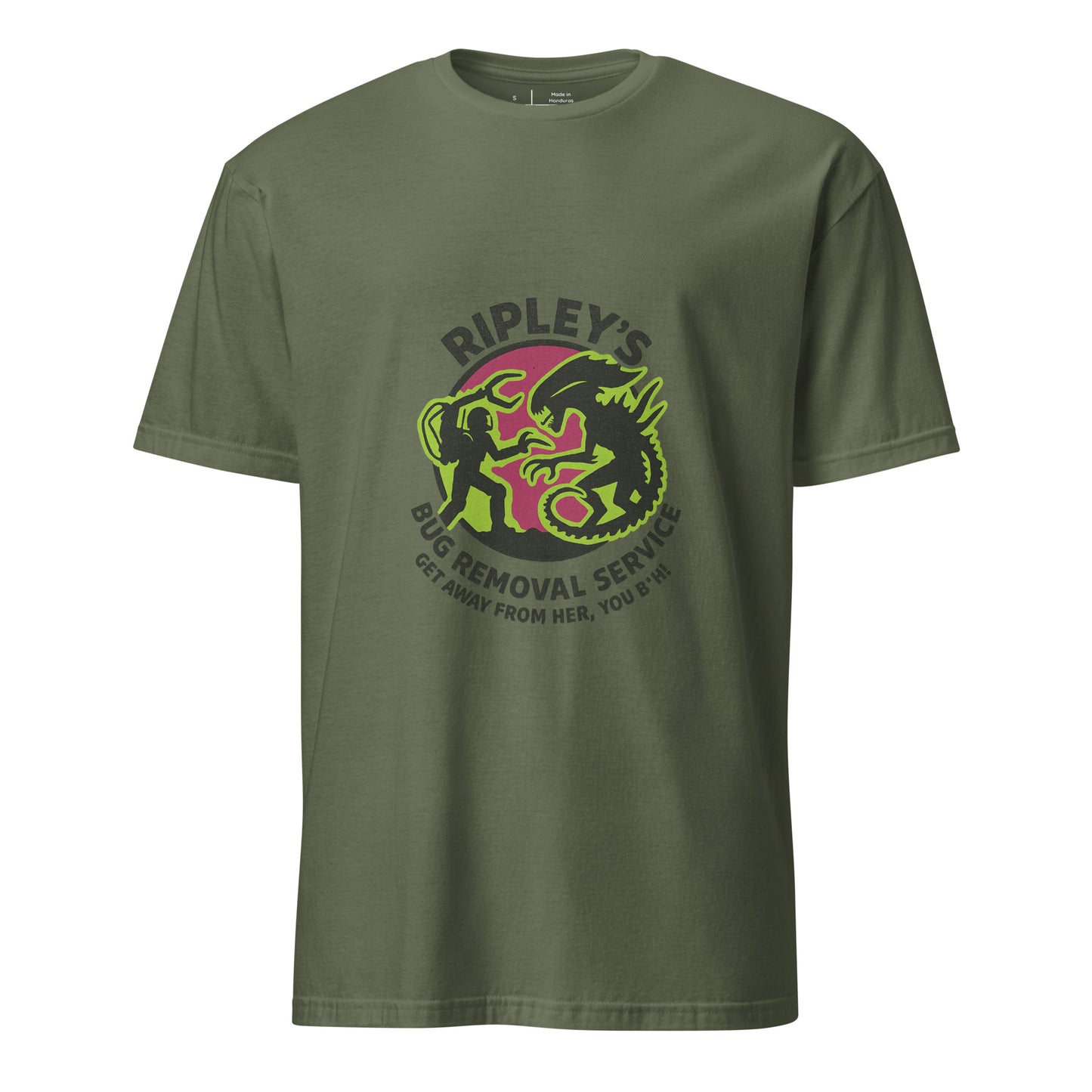 Ripley’s Bug Removal Service – Sci-Fi Parody - Short-Sleeve Unisex T-Shirt - Graphic Tee - Military Green - Front