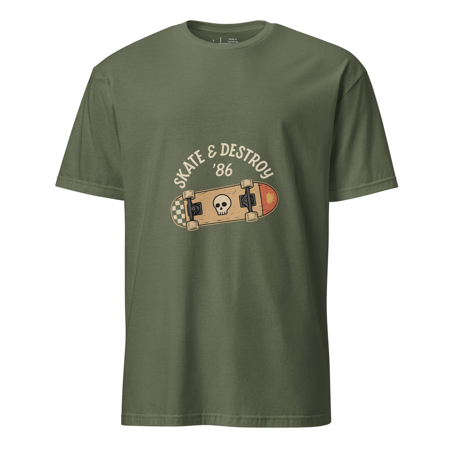 Skate And Destroy ’86 – Retro Skull Deck - Short-Sleeve Unisex T-Shirt - Graphic Tee - Military Green - Front