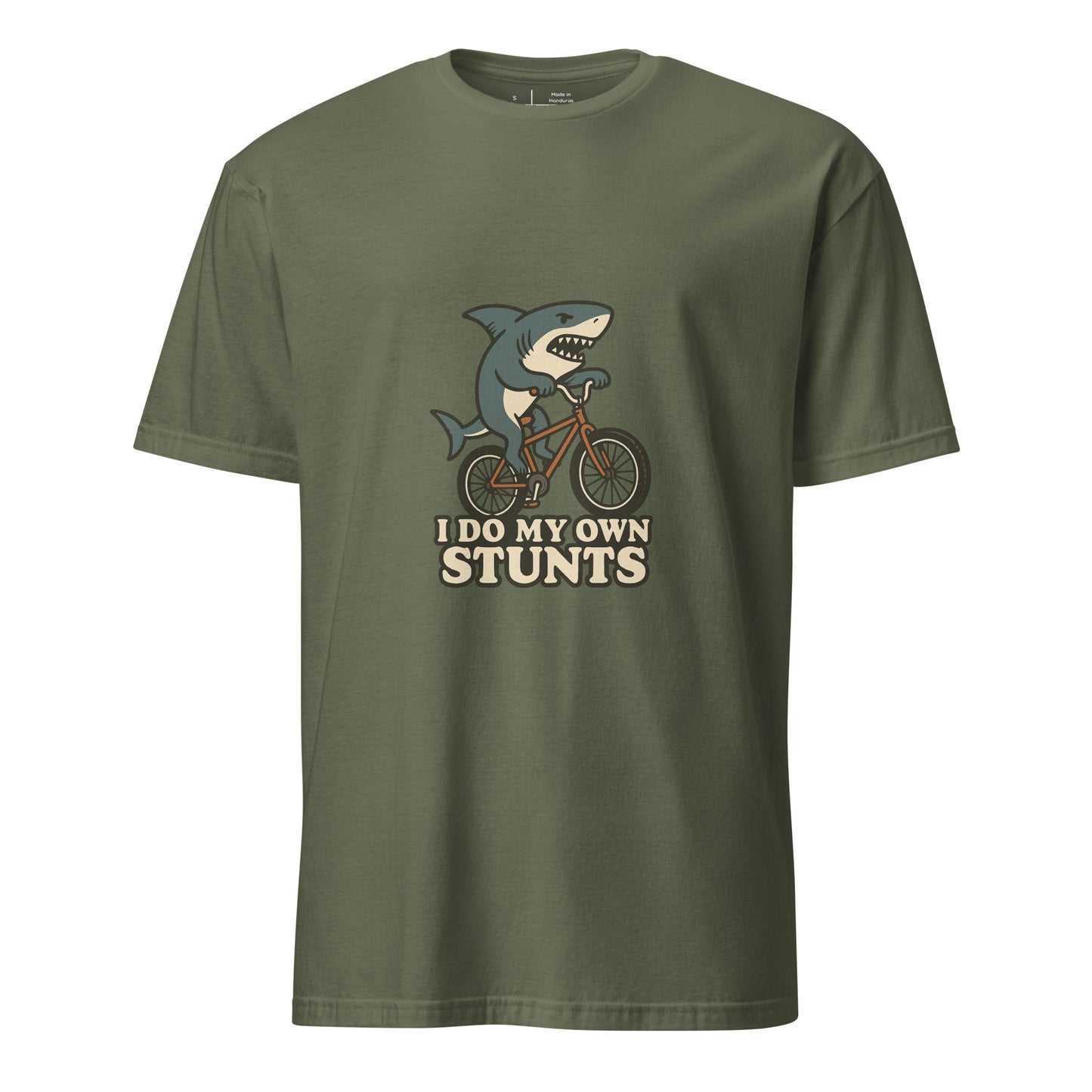 I Do My Own Stunts – Cartoon Shark BMX  - Short-Sleeve Unisex T-Shirt - Graphic Tee - Military Green - Front